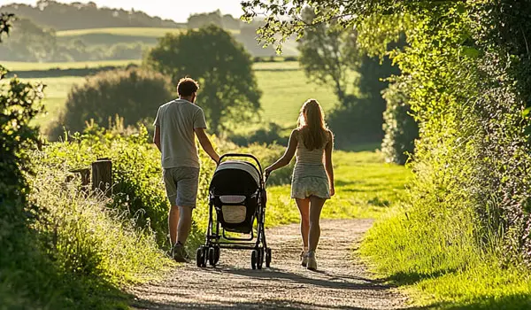 A young family walking through the countryside with a buggy.
