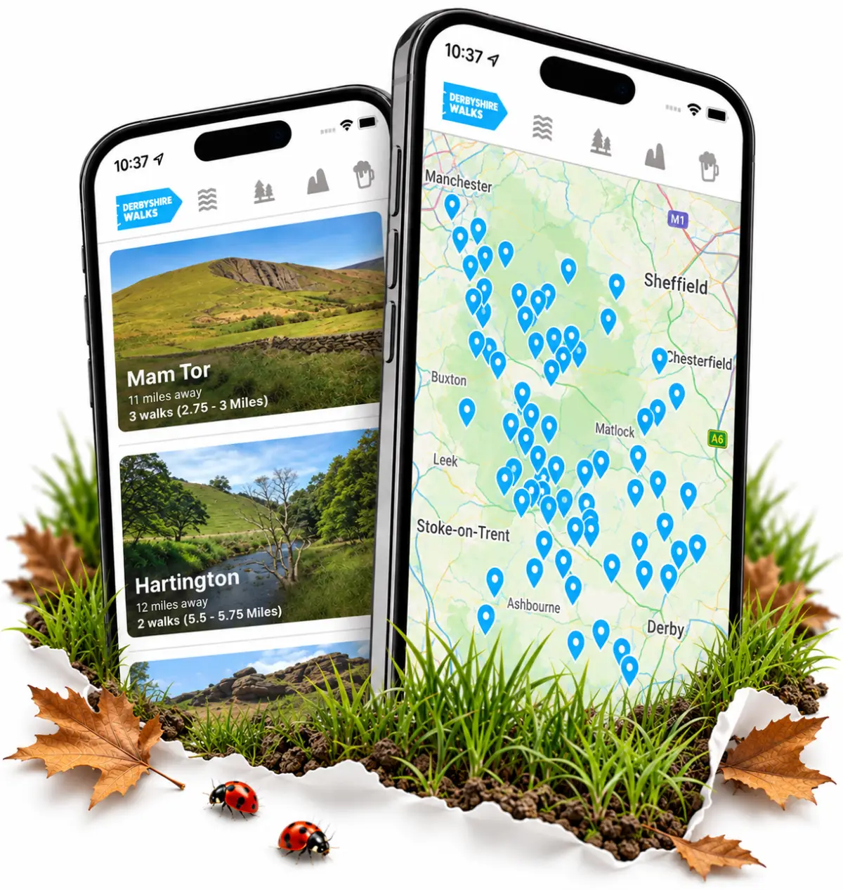 Local Walks app screens showing walking routes and GPS guidance
