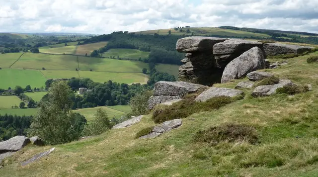 Walkers on a path along a gritstone edge, with views across the wooded Derwent Valley below
