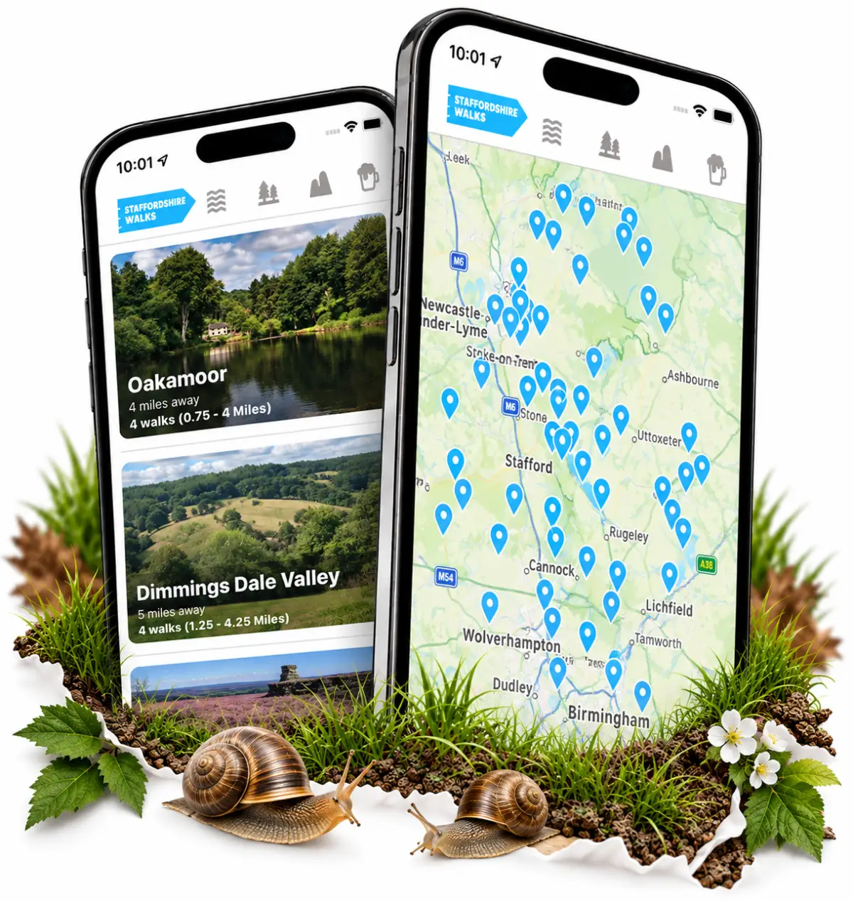 Local Walks app screens showing walking routes and GPS guidance