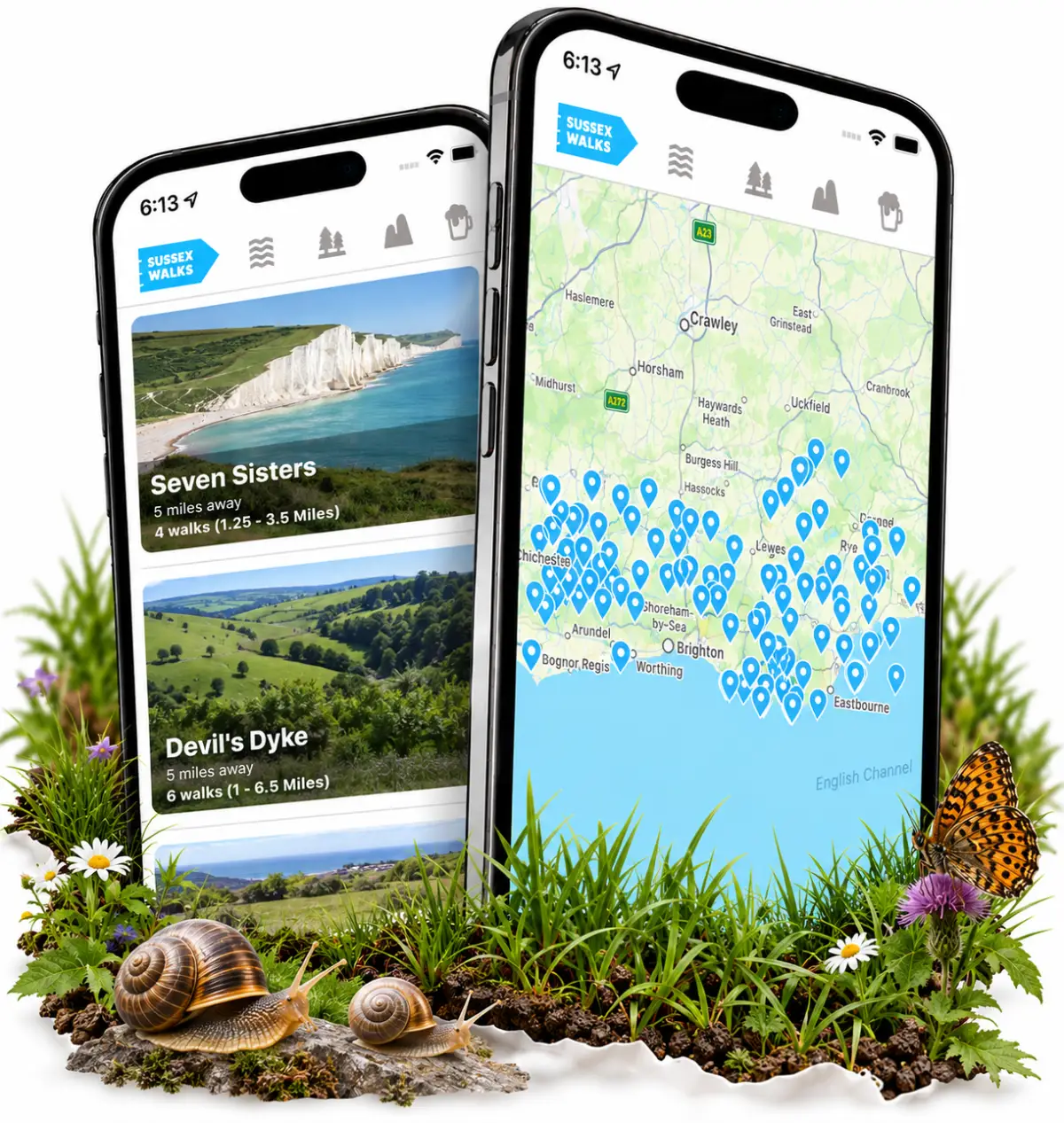 Local Walks app screens showing walking routes and GPS guidance