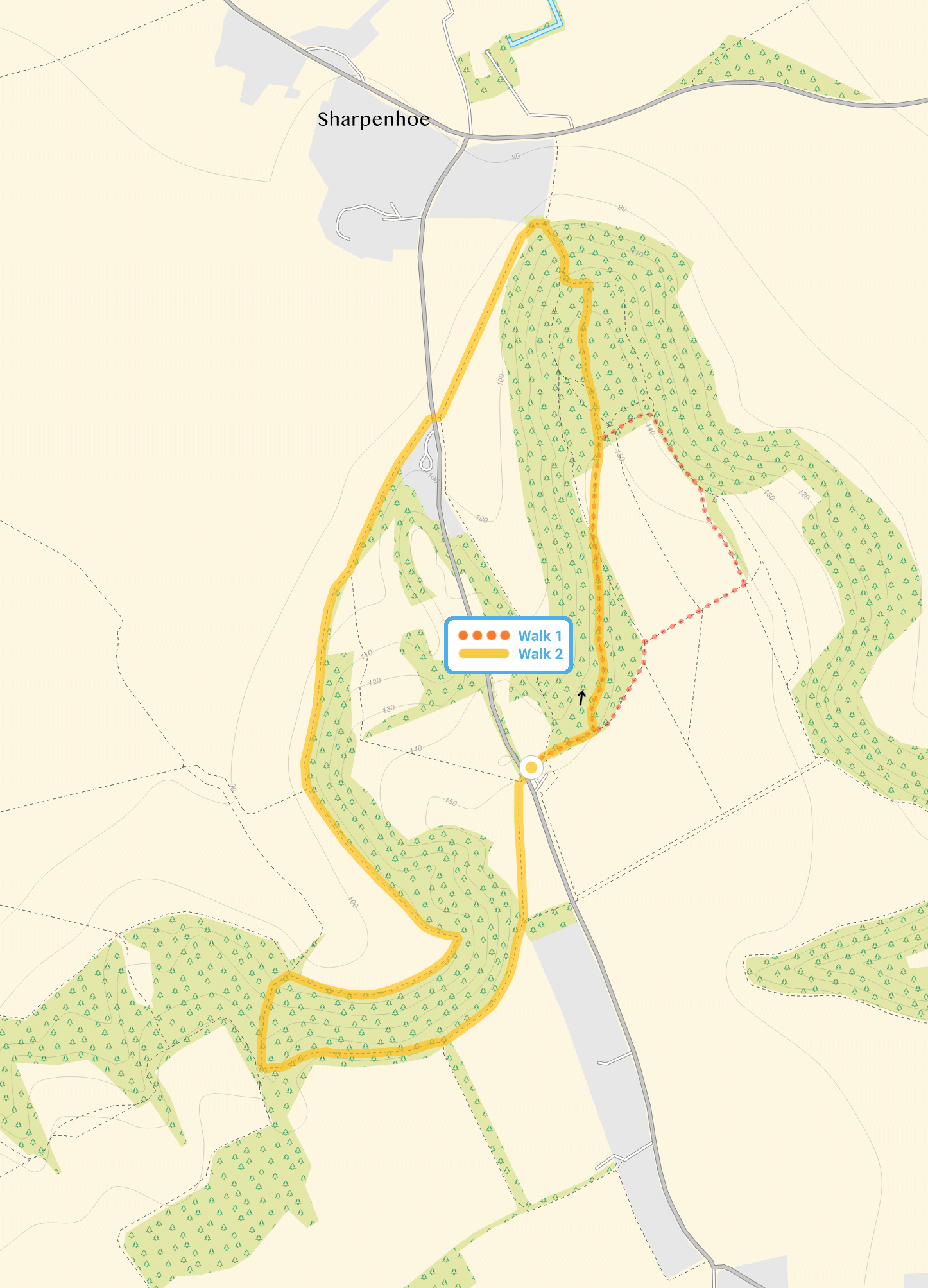 Route map for Sharpenhoe Clappers Walk 1, a 1 mile circular walk in Hertfordshire