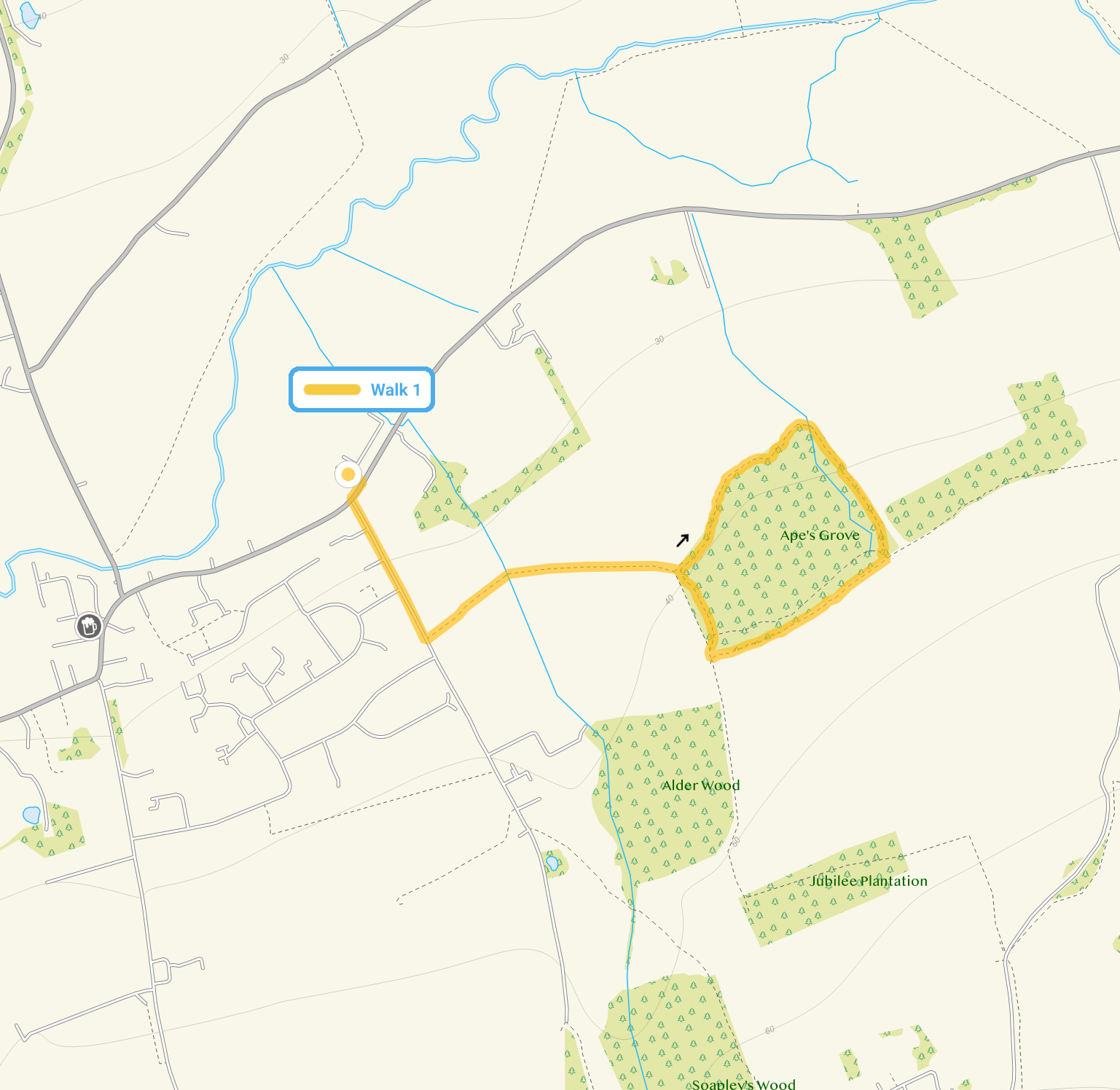 Route map for Abridge Walk 1, a 1.5 mile circular walk in Essex