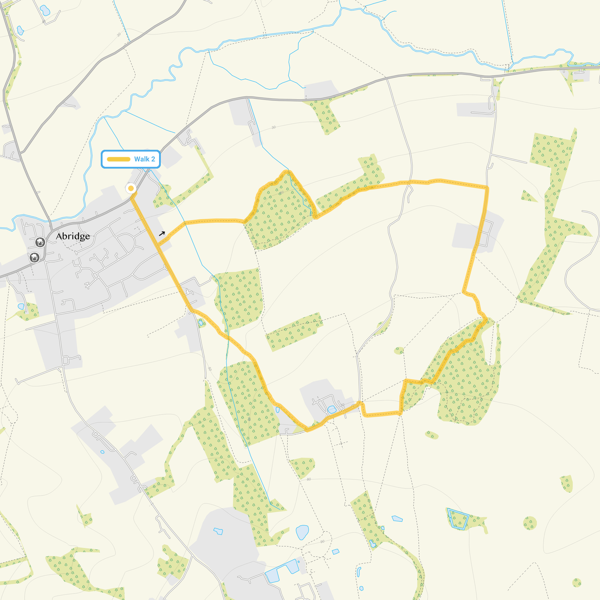 Route map for Abridge Walk 2, a 3 mile circular walk in Essex