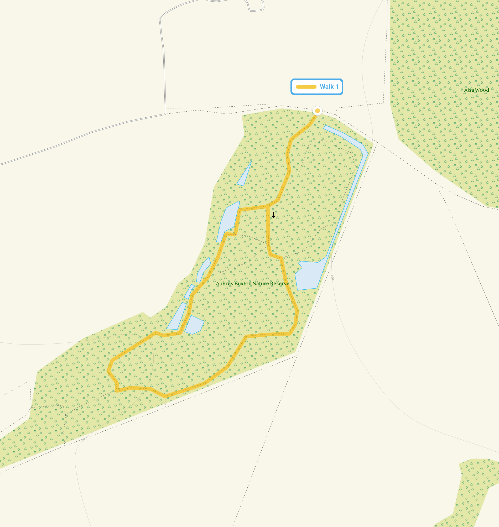 Route map for Aubrey Buxton Walk 1, a 0.75 mile circular walk in Essex
