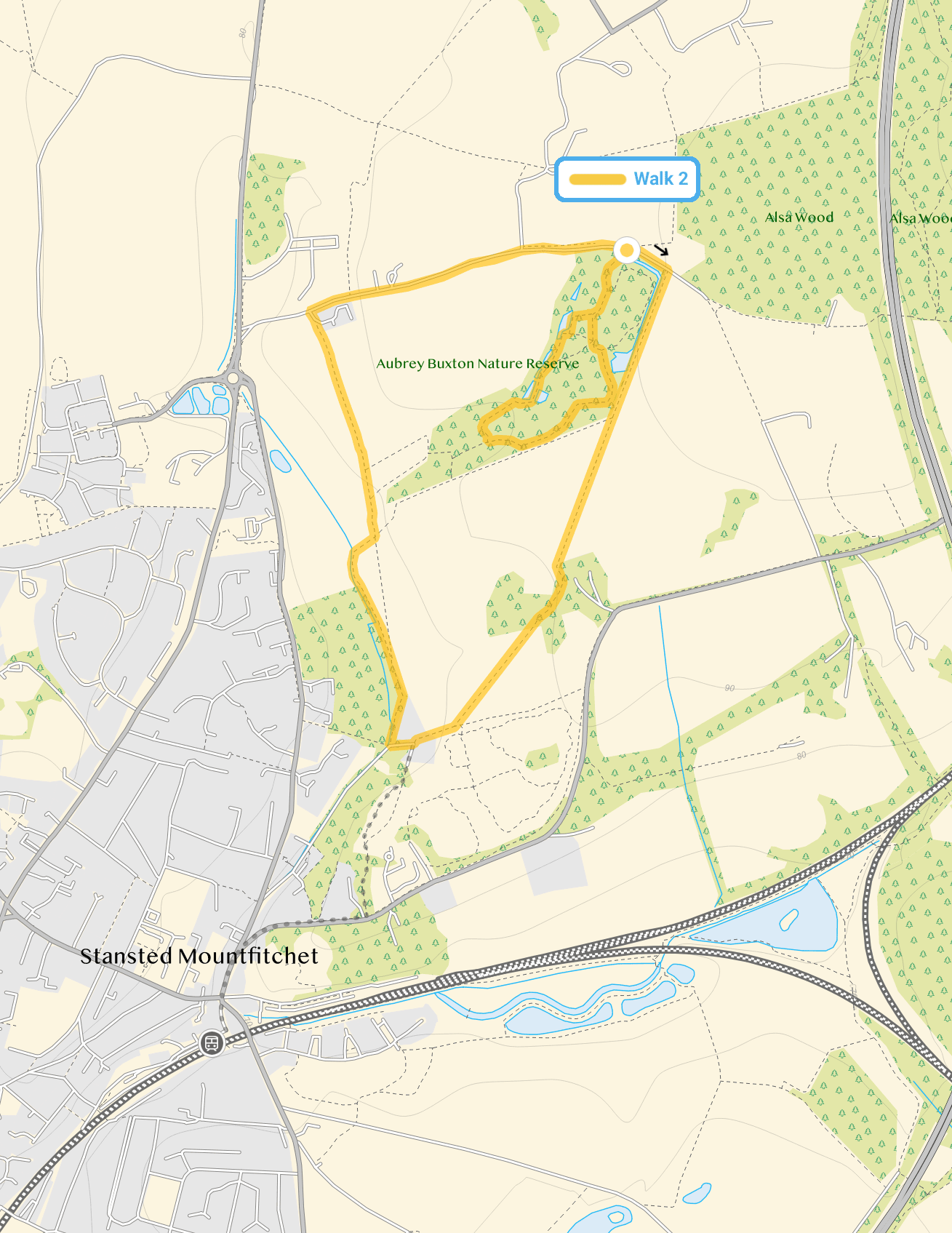 Route map for Aubrey Buxton Walk 2, a 2.5 mile circular walk in Essex