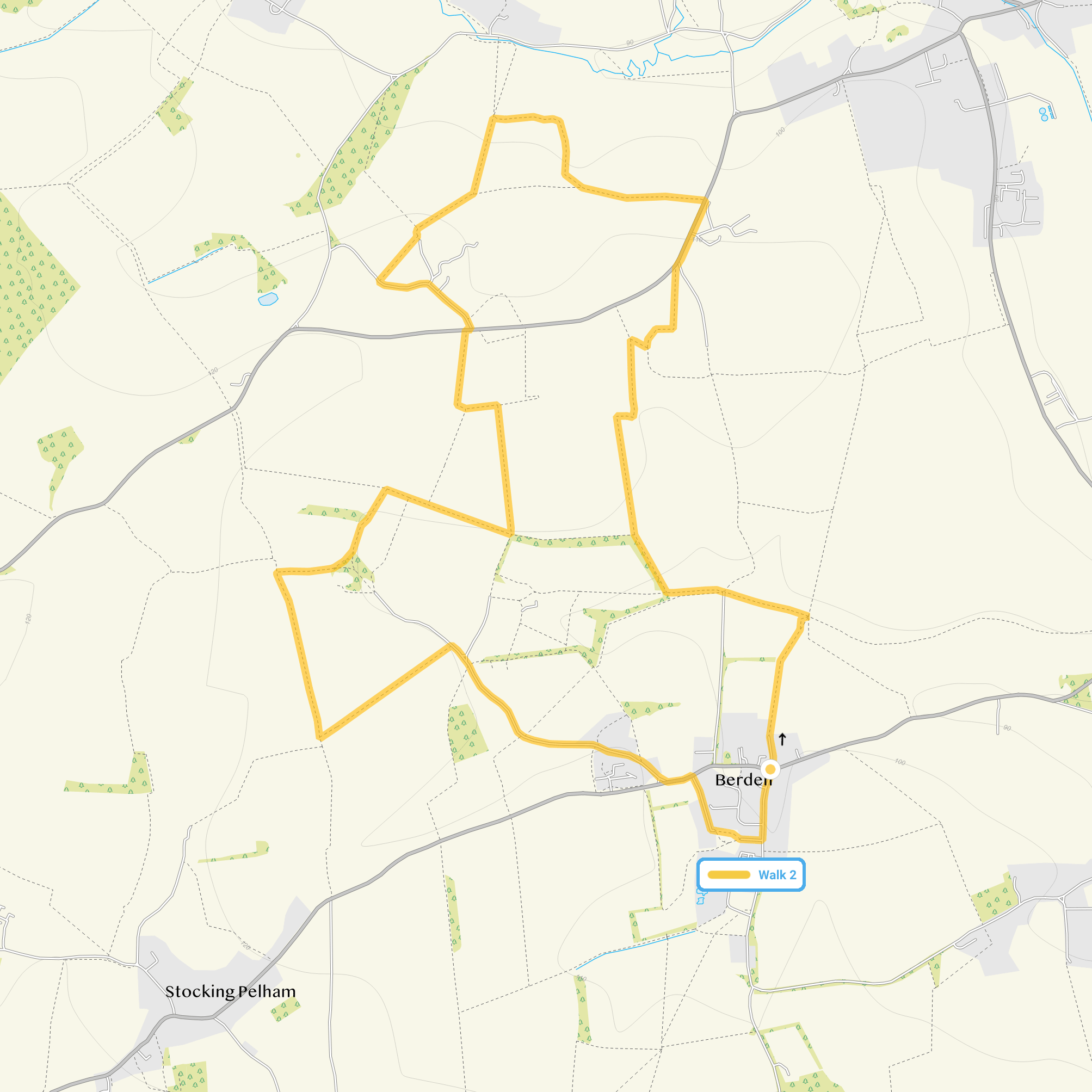 Route map for Berden Walk 2, a 4.5 mile circular walk in Essex