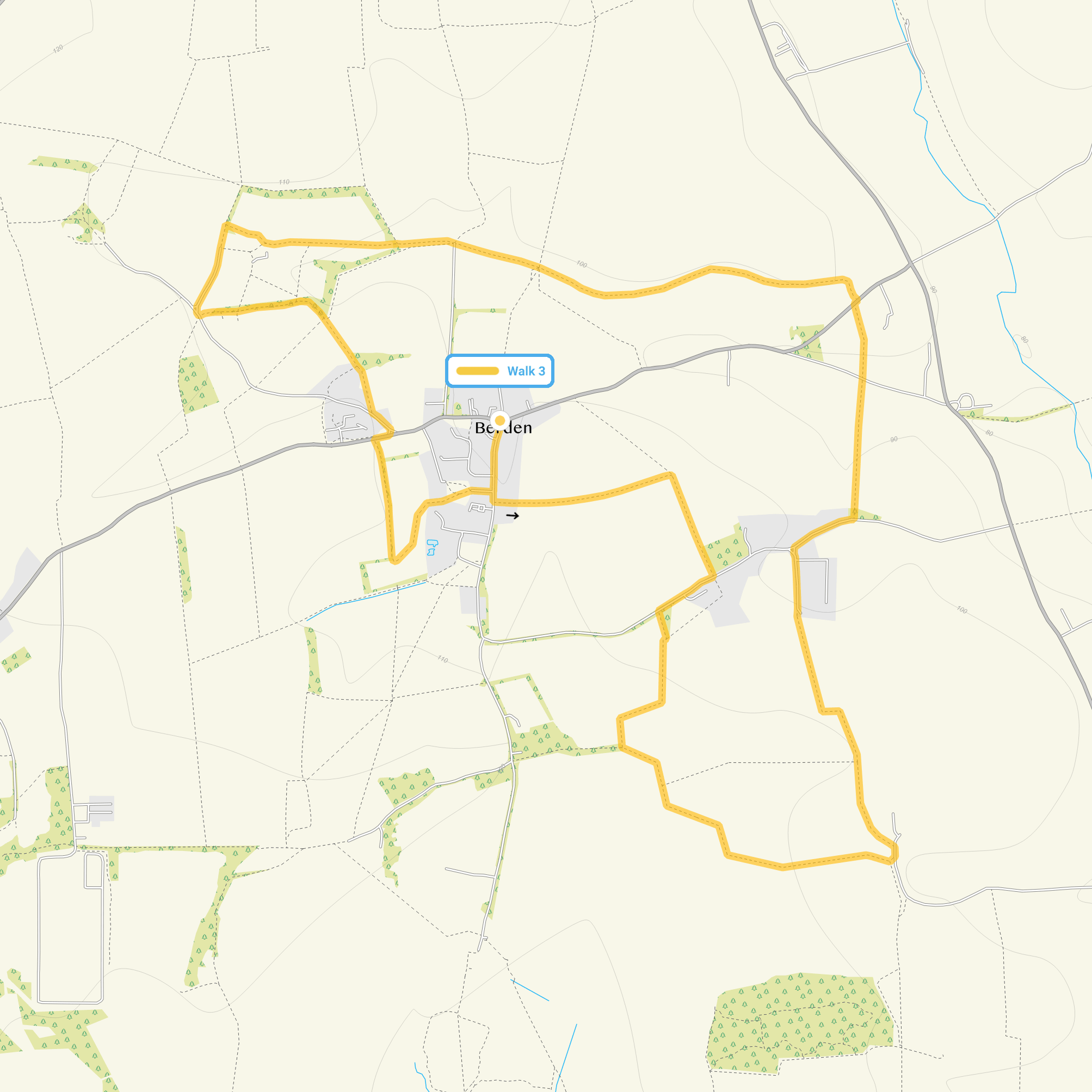 Route map for Berden Walk 3, a 5 mile circular walk in Essex