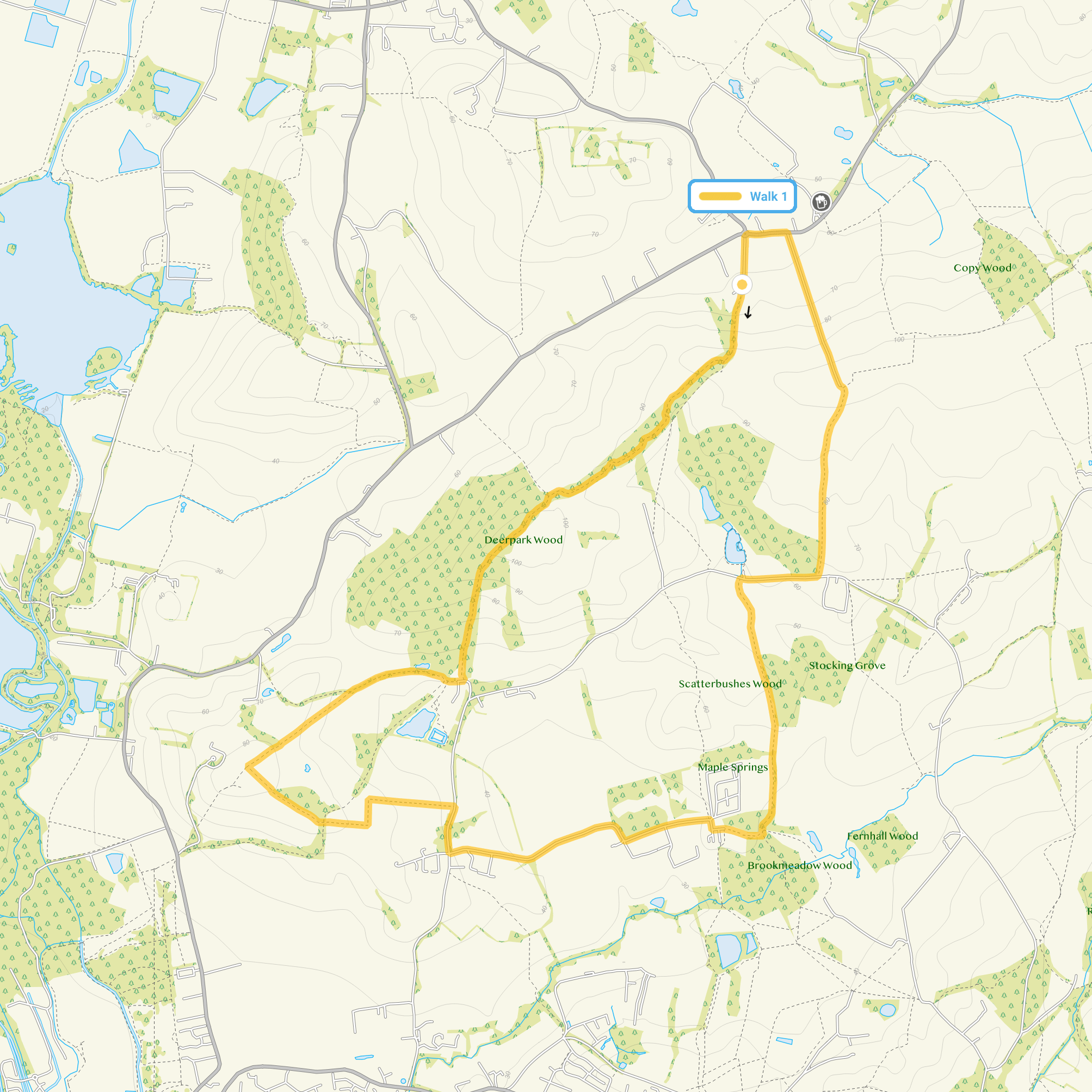 Route map for Bumbles Green Walk, a 6.25 mile circular walk in Essex