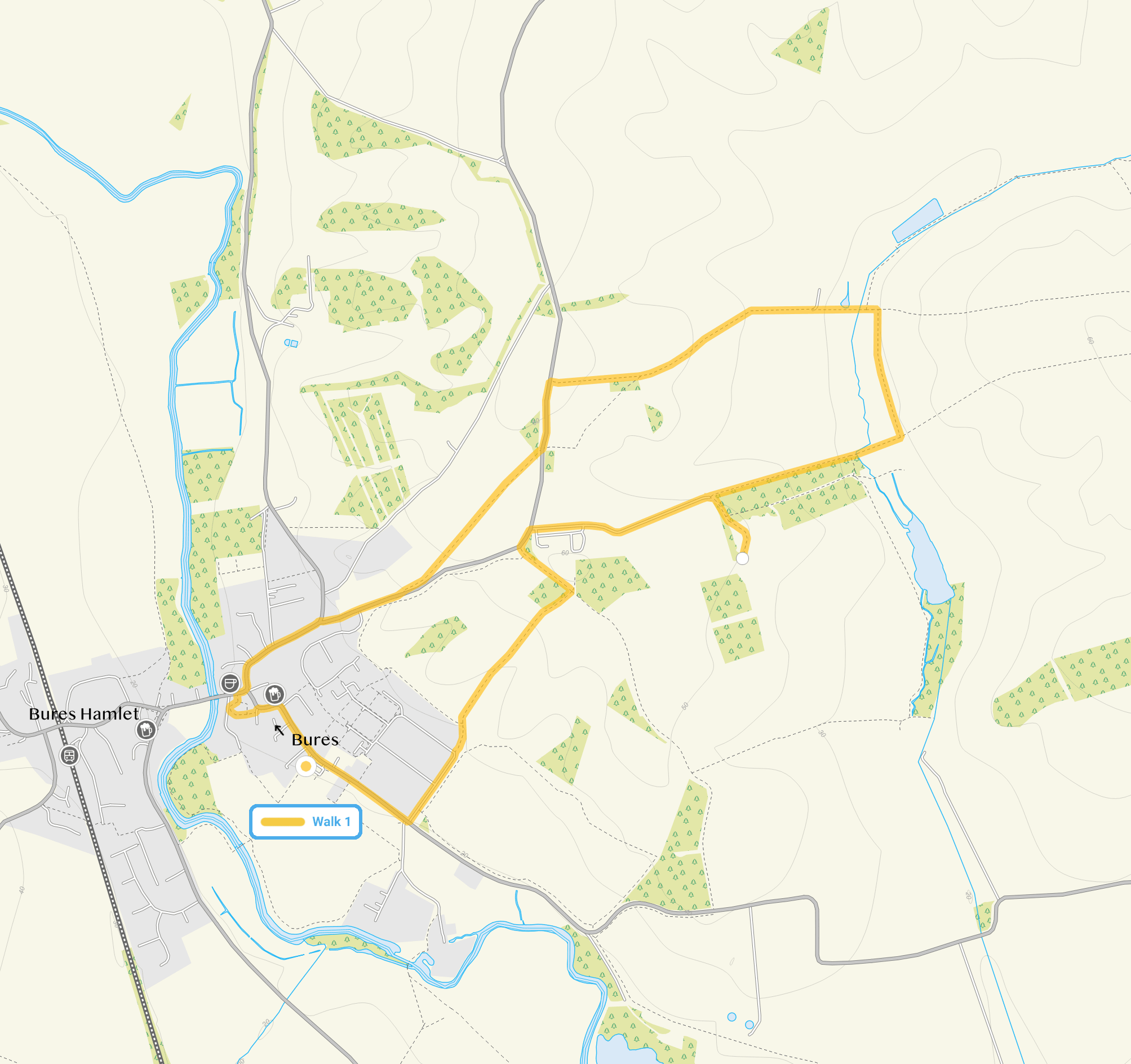 Route map for Bures Walk 1, a 3 mile circular walk in Essex
