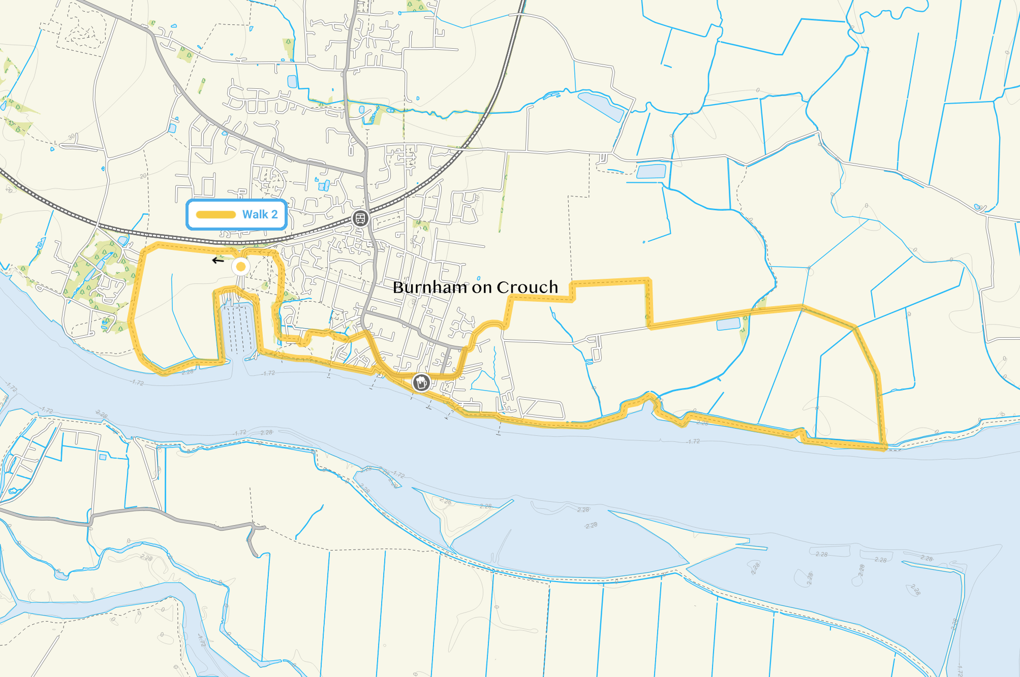 Route map for Burnham-on-Crouch Walk 2, a 7.75 mile circular walk in Essex