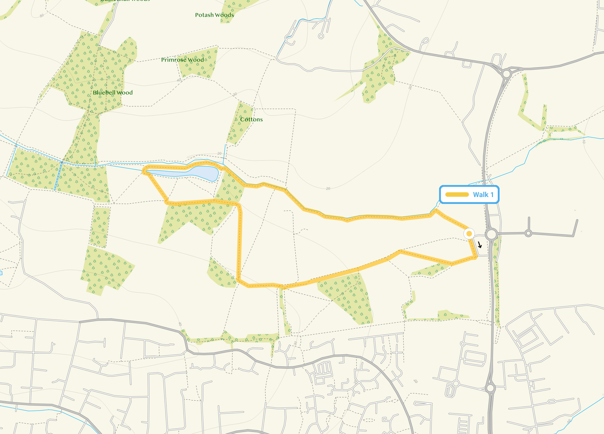Route map for Cherry Orchard Park Walk 1, a 2 mile circular walk in Essex
