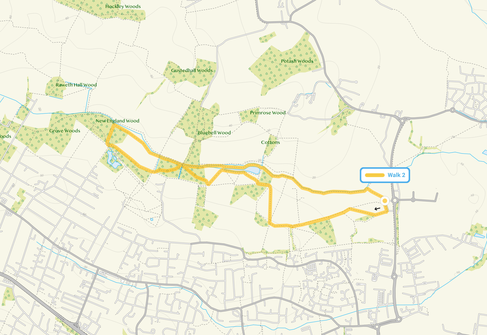 Route map for Cherry Orchard Park Walk 2, a 3.5 mile circular walk in Essex