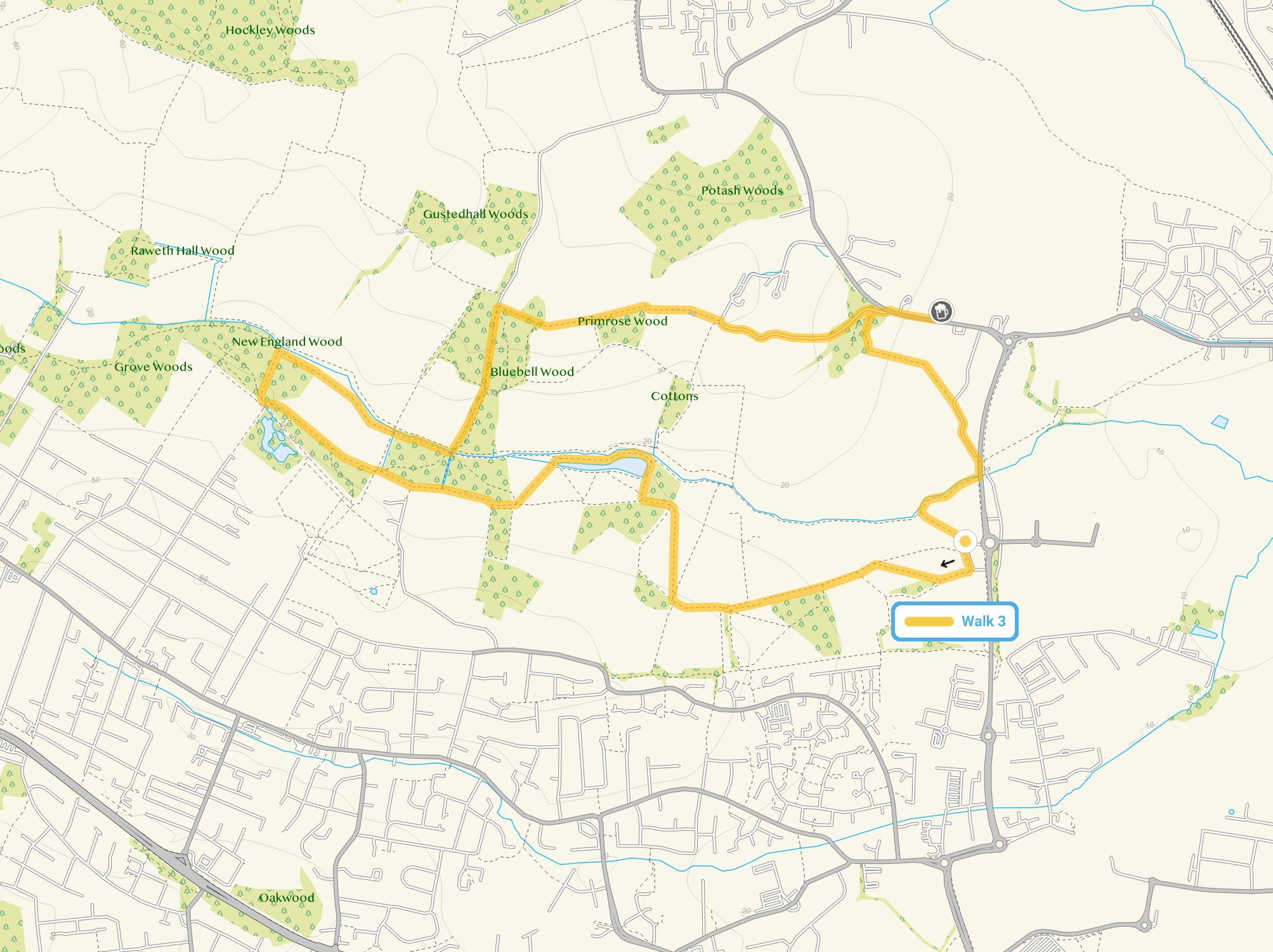 Route map for Cherry Orchard Park Walk 3, a 4.75 mile circular walk in Essex
