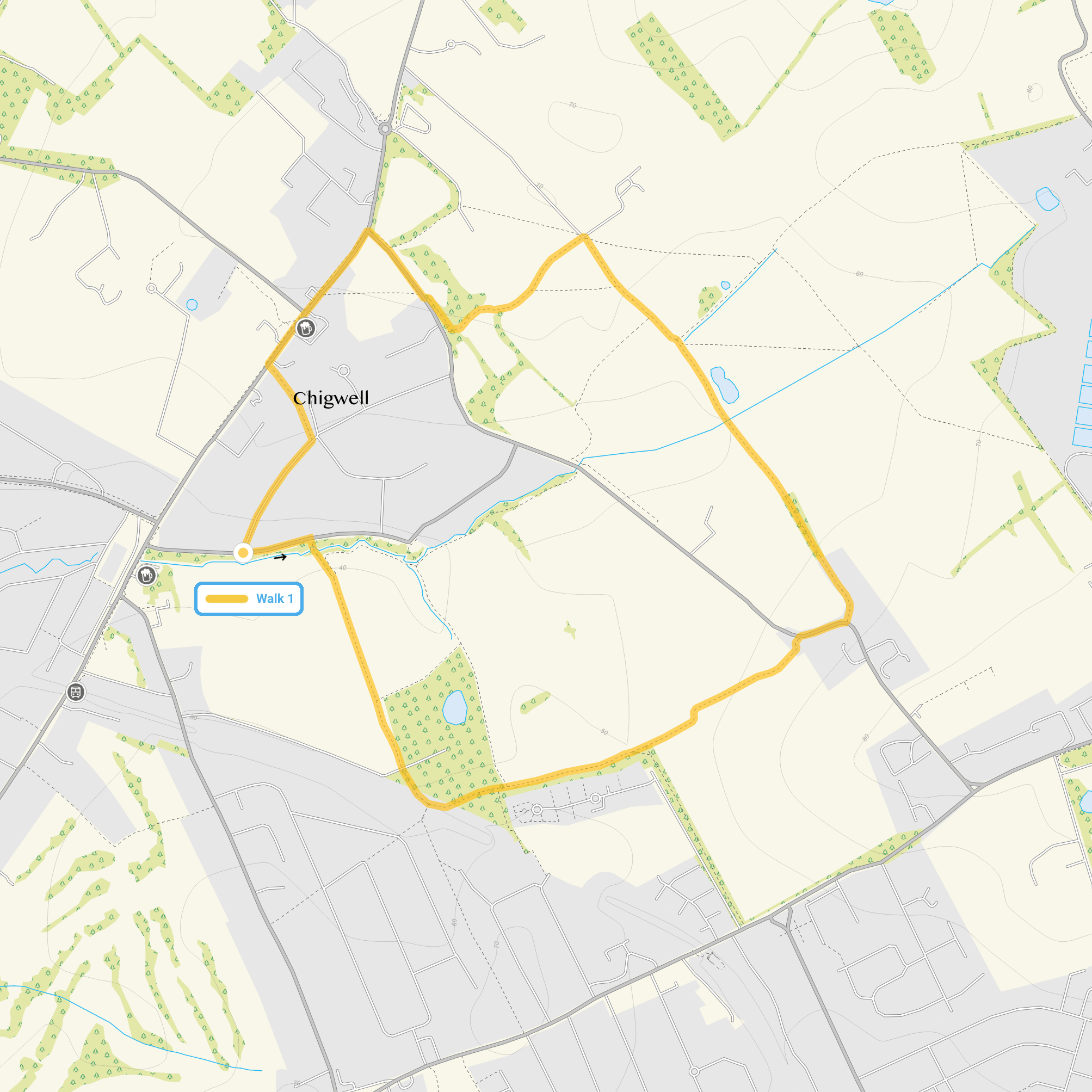 Route map for Chigwell Walk, a 2.25 mile circular walk in Essex