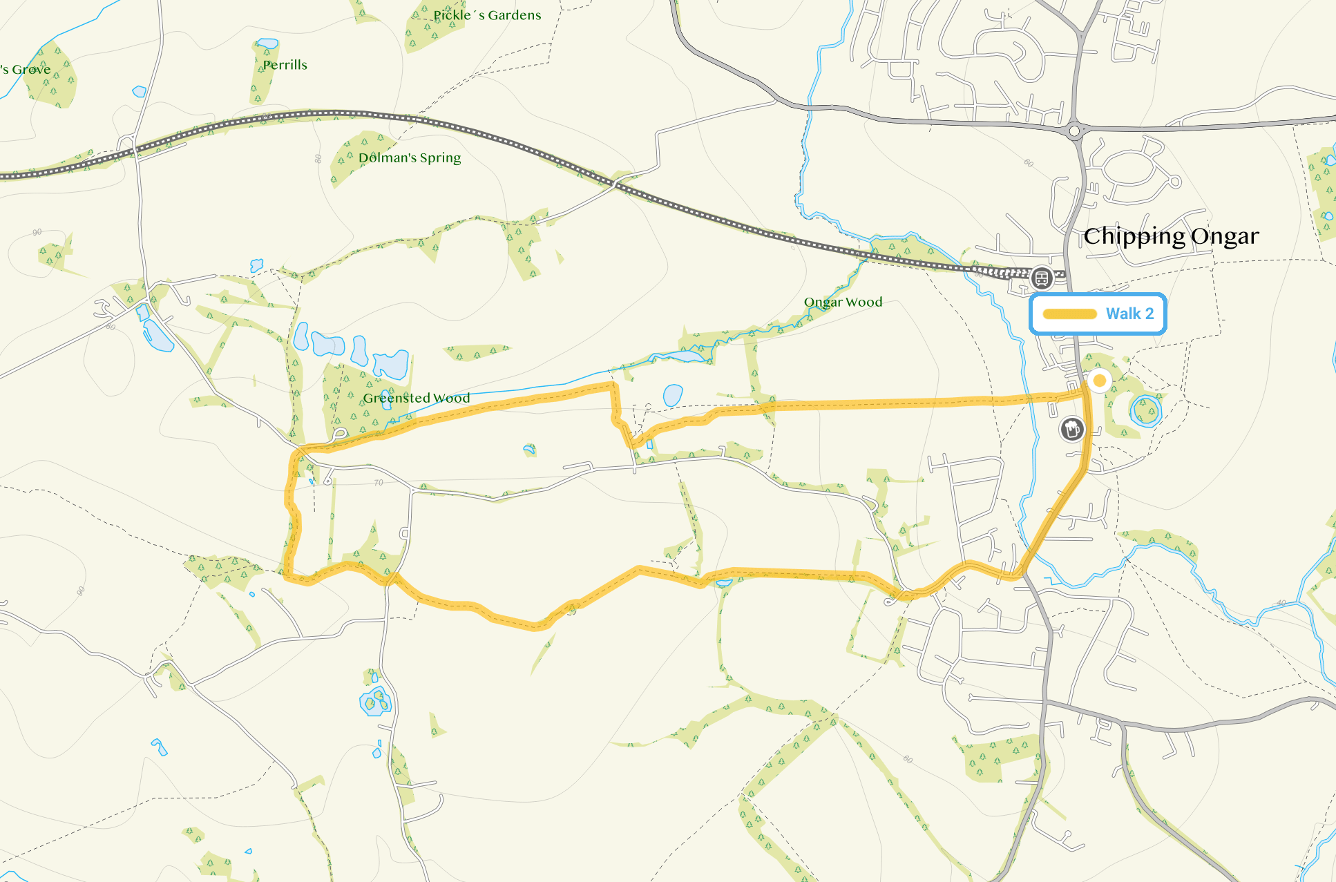 Route map for Chipping Ongar Walk 2, a 3.75 mile circular walk in Essex