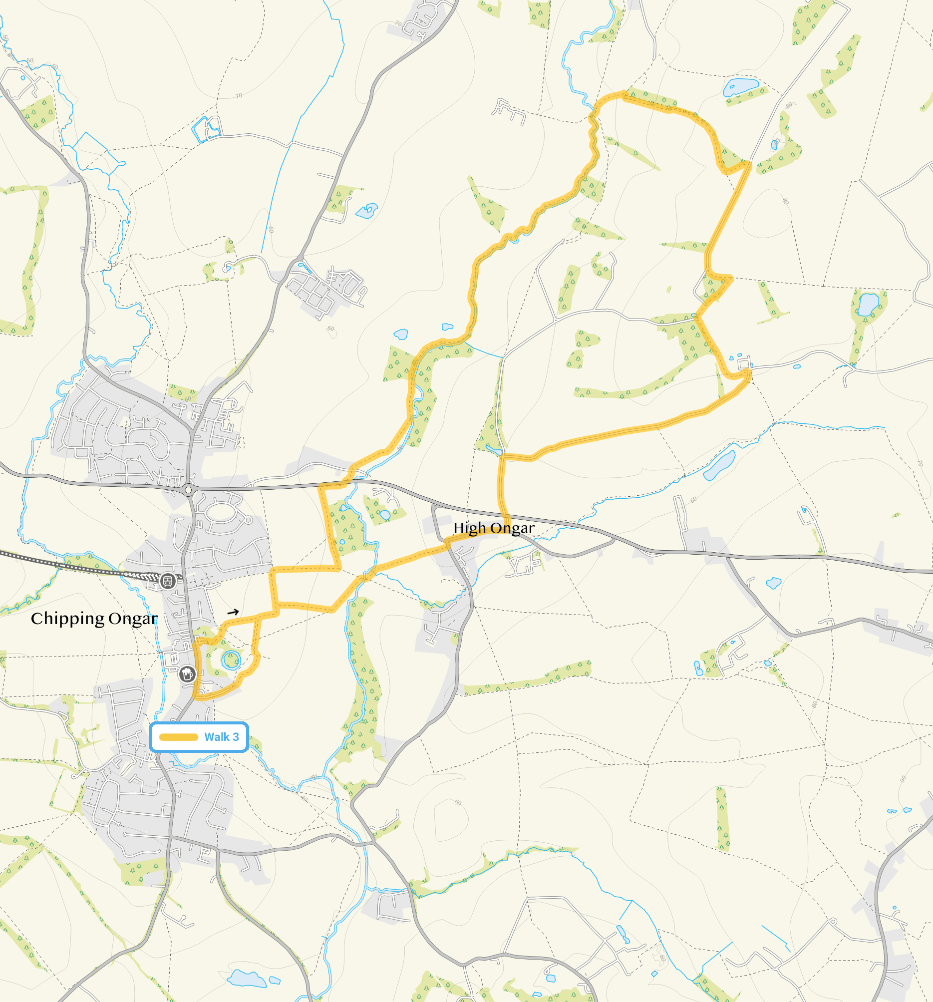 Route map for Chipping Ongar Walk 3, a 6.5 mile circular walk in Essex