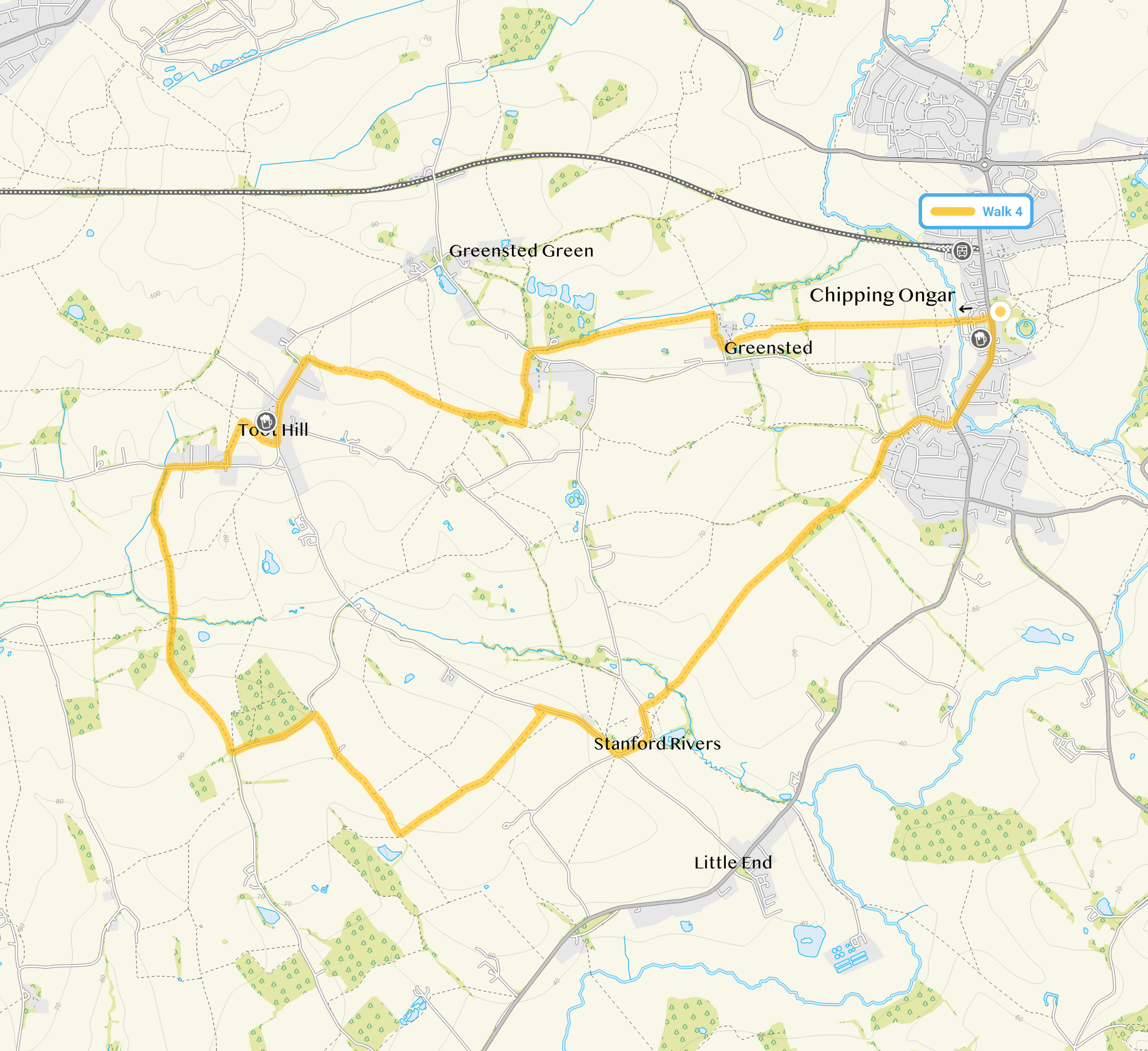 Route map for Chipping Ongar Walk 4, an 8.25 mile circular walk in Essex