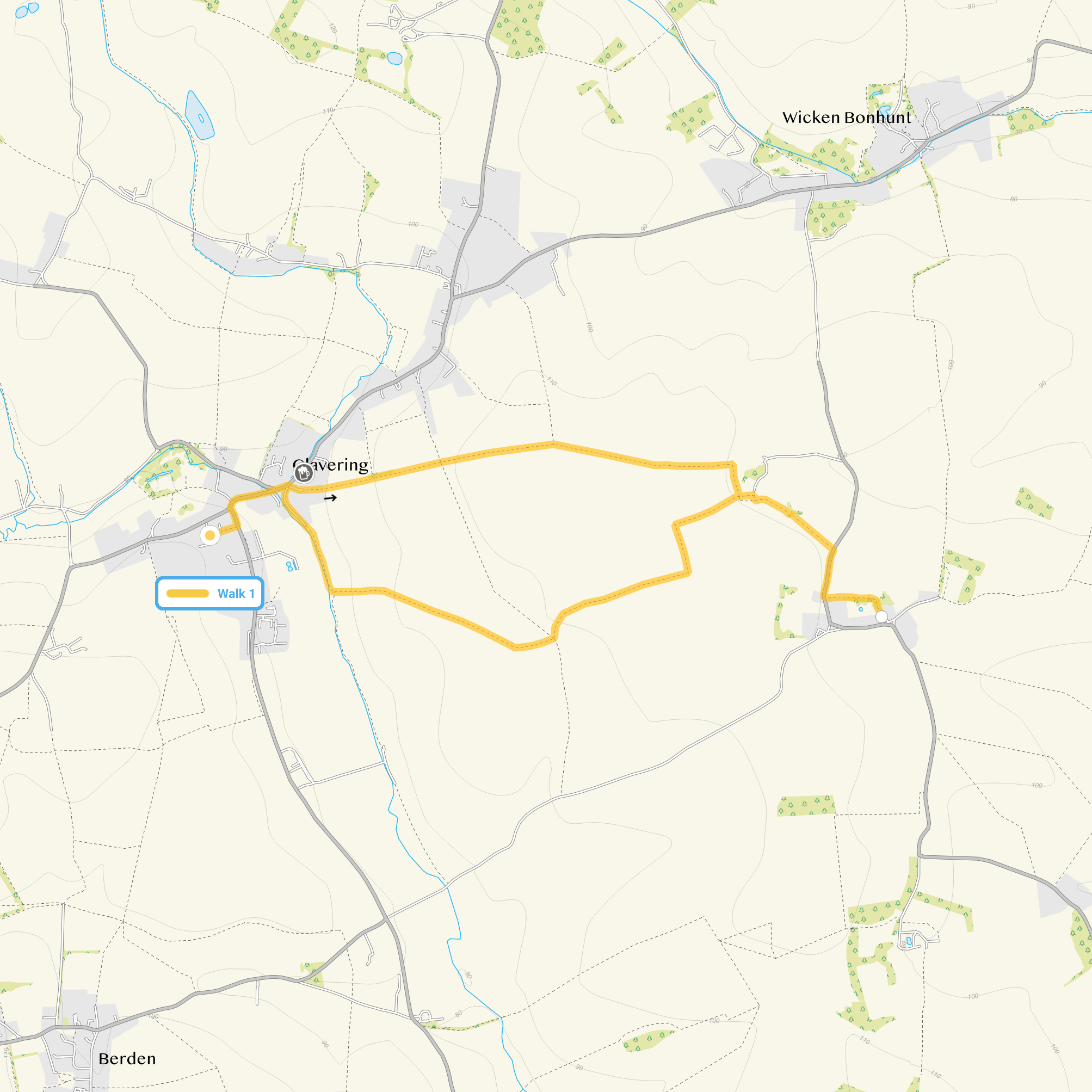 Route map for Clavering Walk 1, a 4.25 mile circular walk in Essex