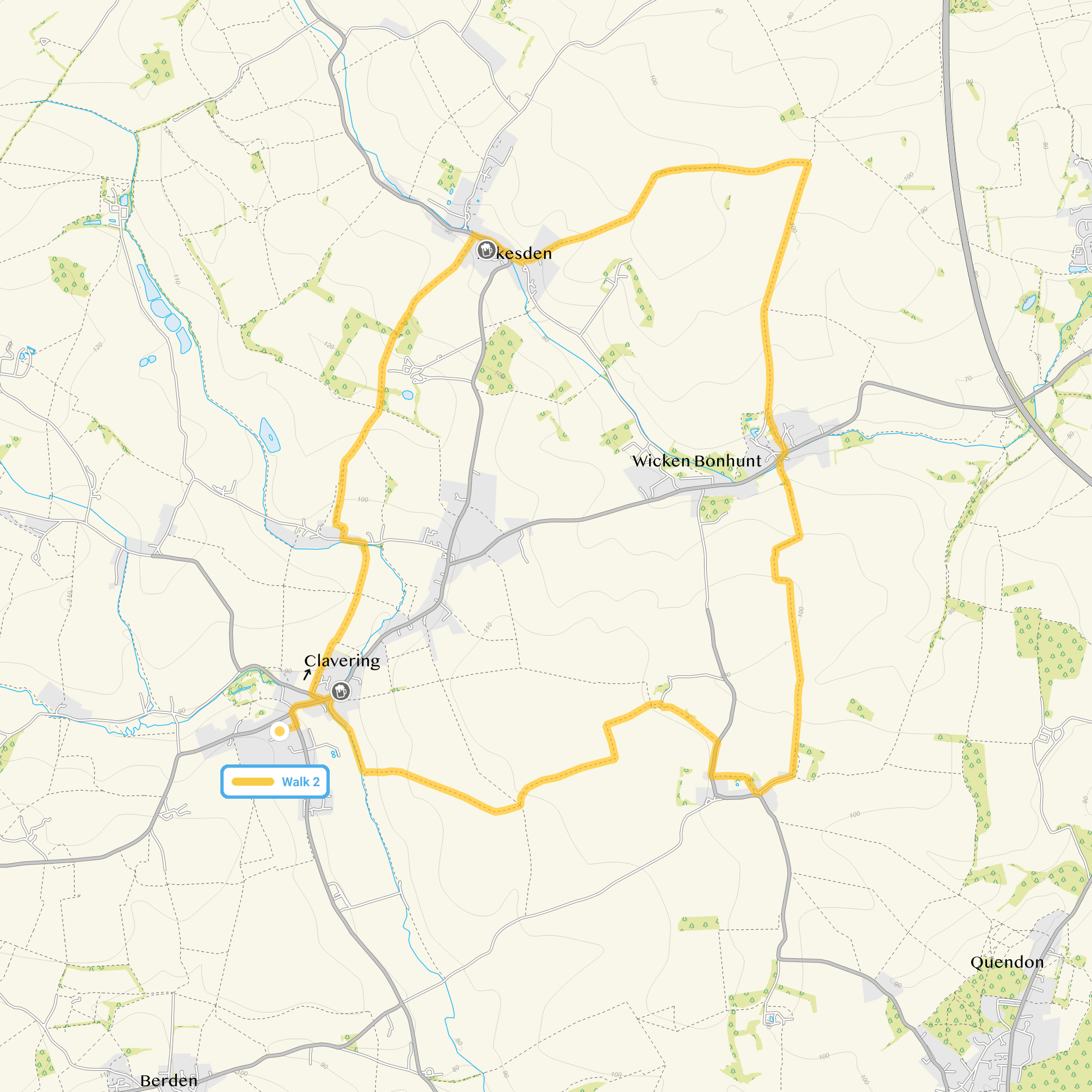 Route map for Clavering Walk 2, an 8 mile circular walk in Essex