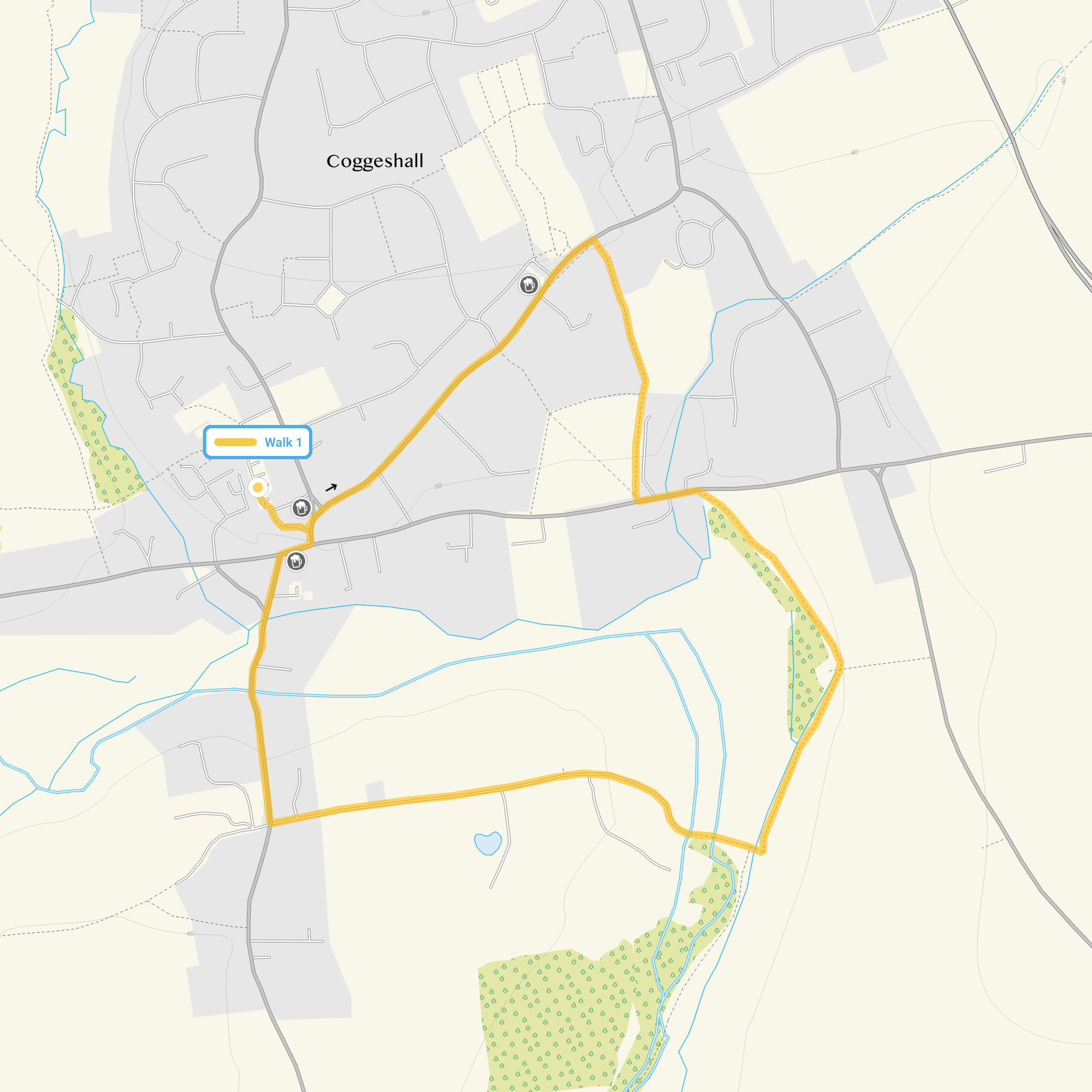 Route map for Coggeshall Walk 1, a 2.25 mile circular walk in Essex