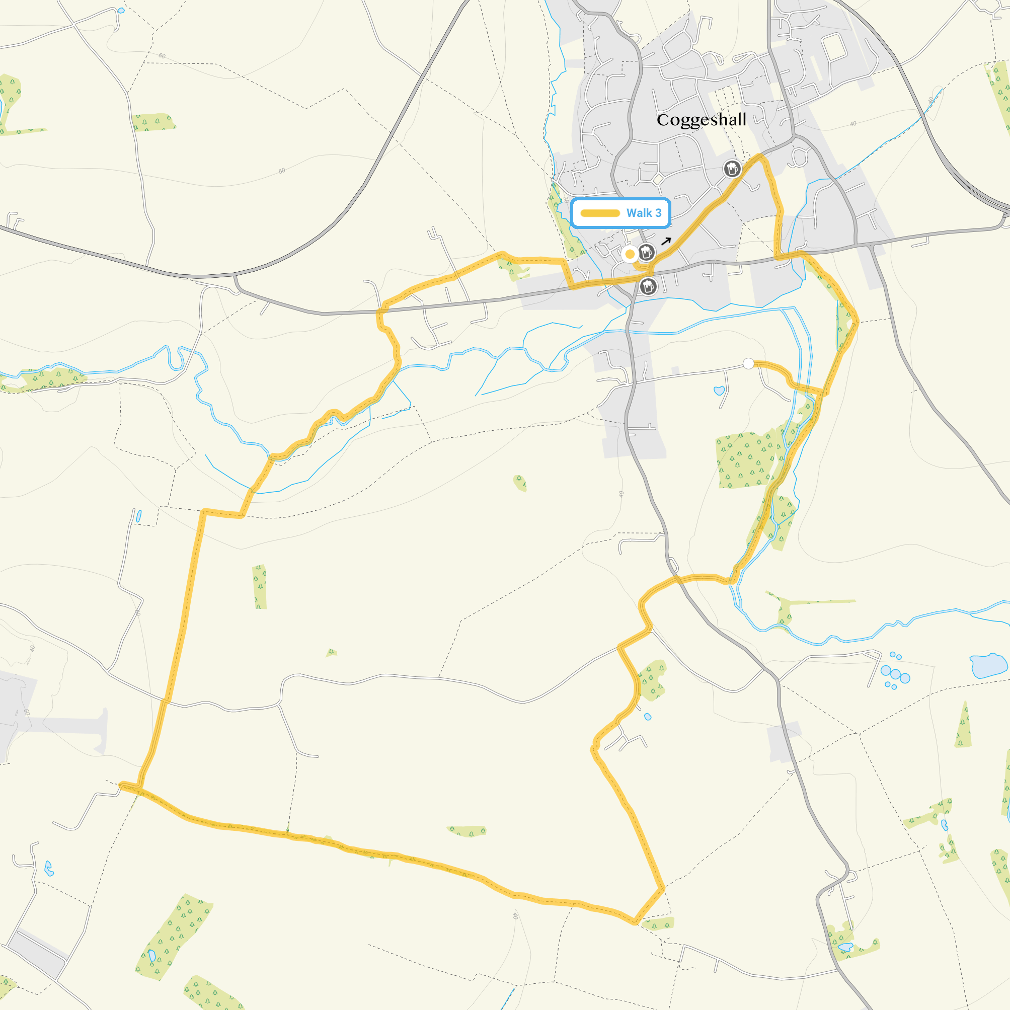 Route map for Coggeshall Walk 3, a 6.25 mile circular walk in Essex
