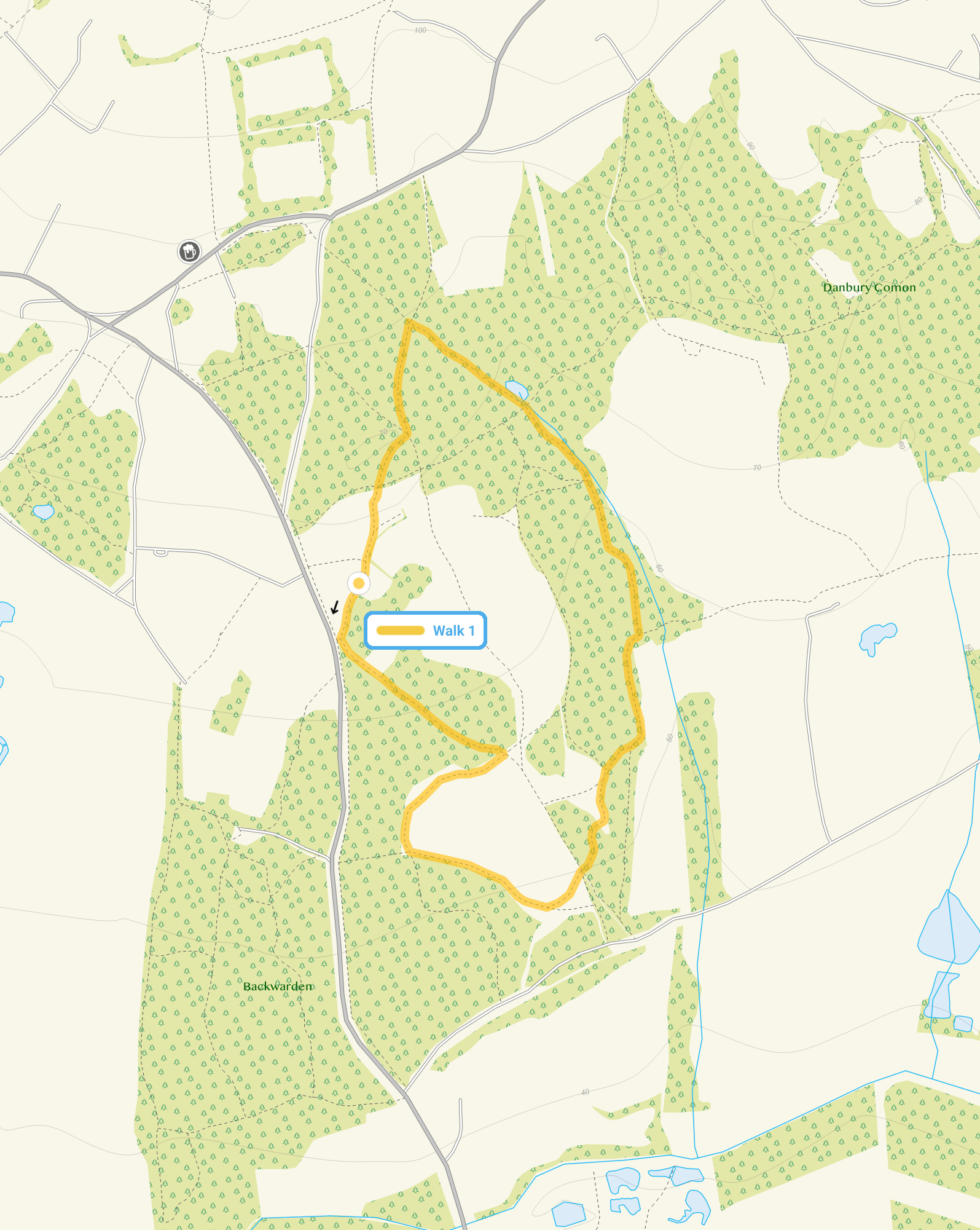 Route map for Danbury Common Walk, a 1.25 mile circular walk in Essex