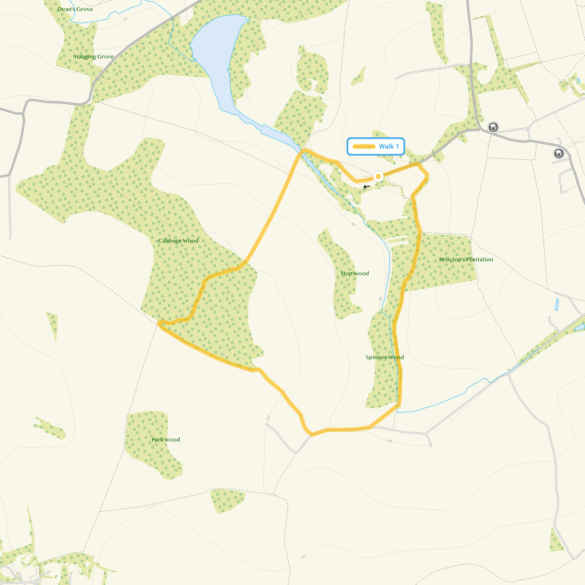 Route map for Debden Walk 1, a 2 mile circular walk in Essex
