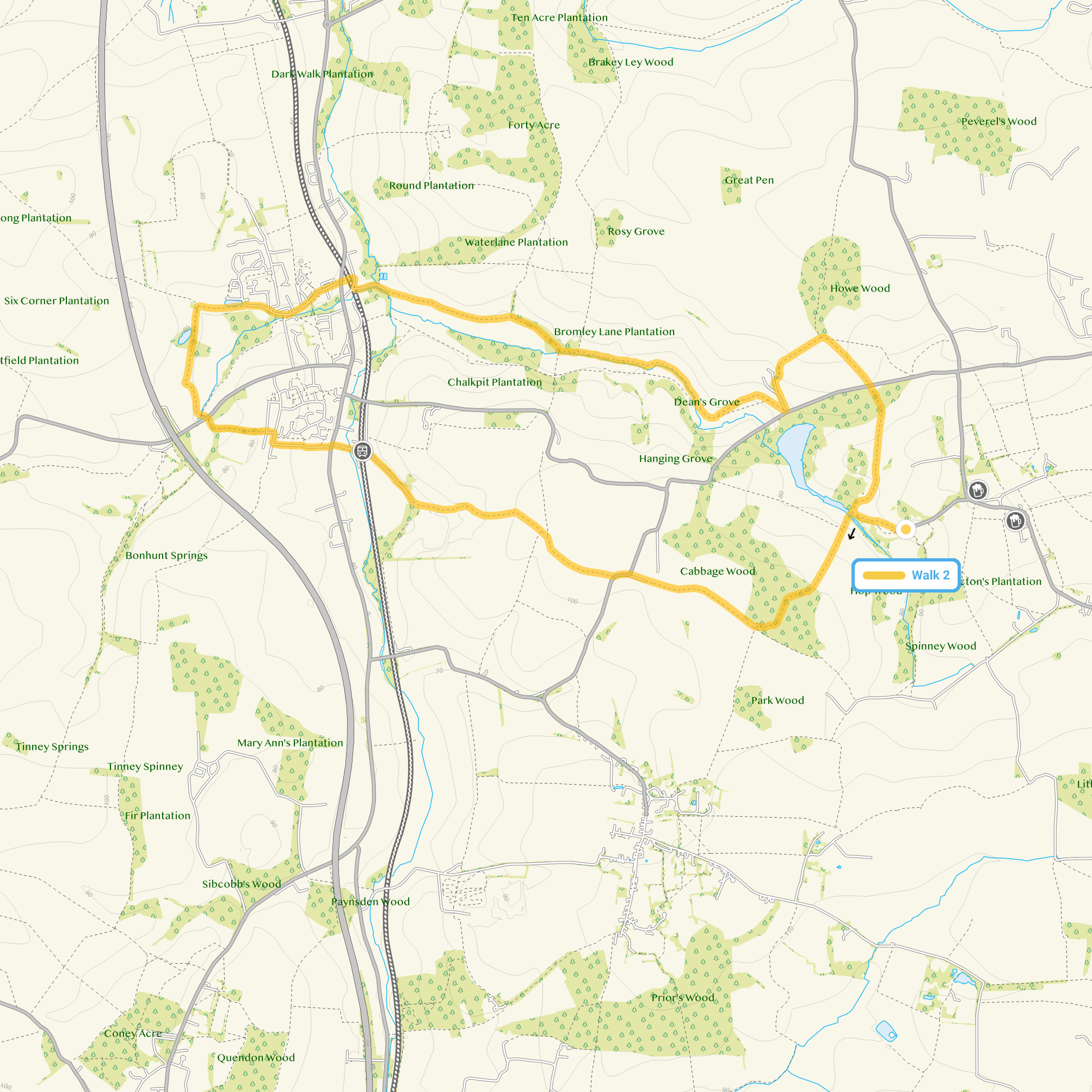 Route map for Debden Walk 2, a 6.75 mile circular walk in Essex