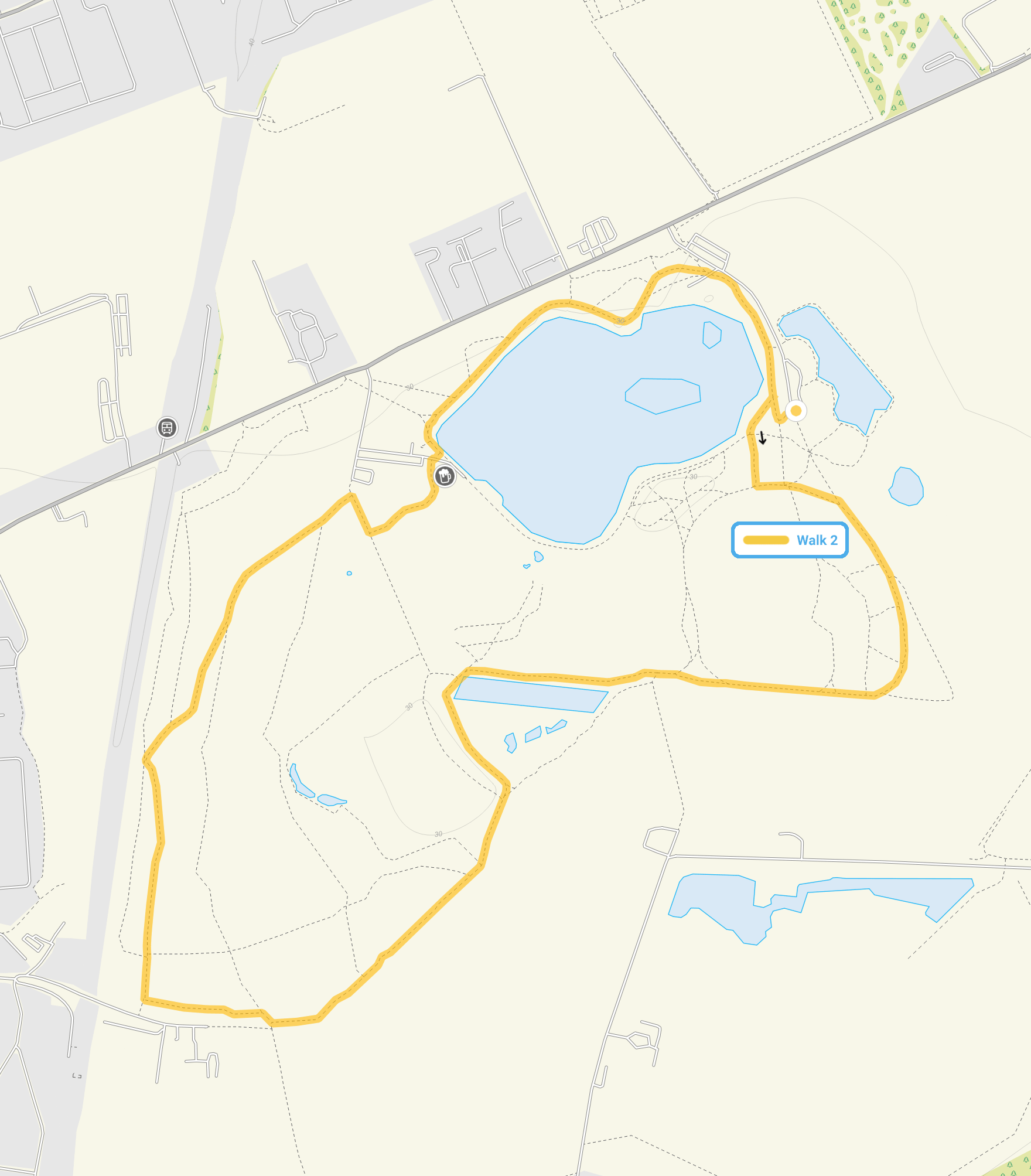 Route map for Fairlop Waters Walk 2, a 3.25 mile circular walk in Essex