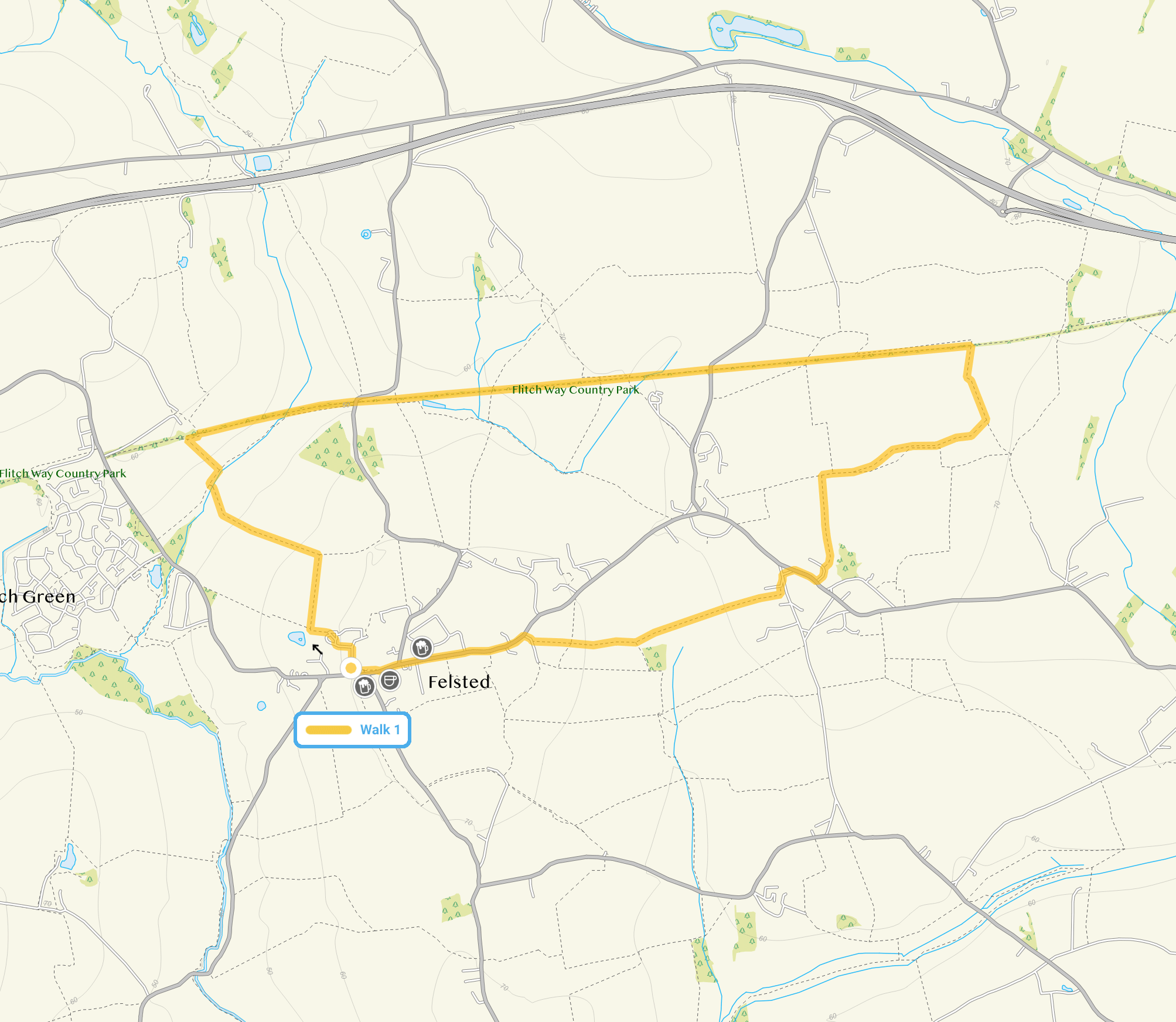 Route map for Felsted Walk, a 5.25 mile circular walk in Essex