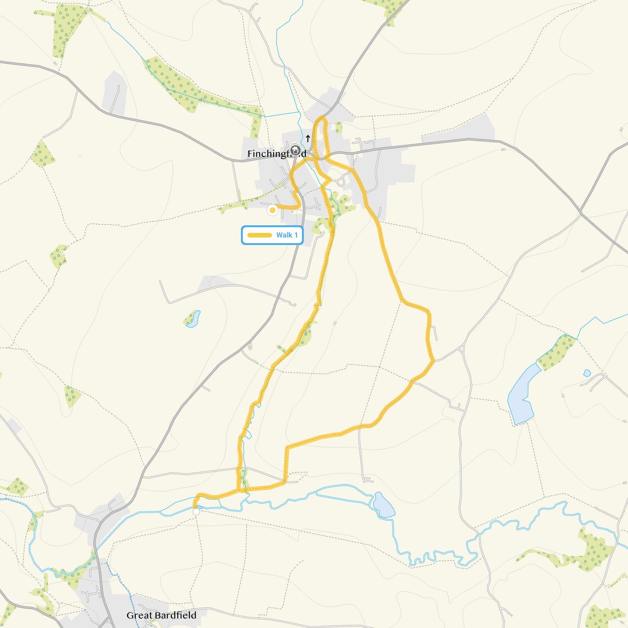 Route map for Finchingfield Walk 1, a 3.75 mile circular walk in Essex