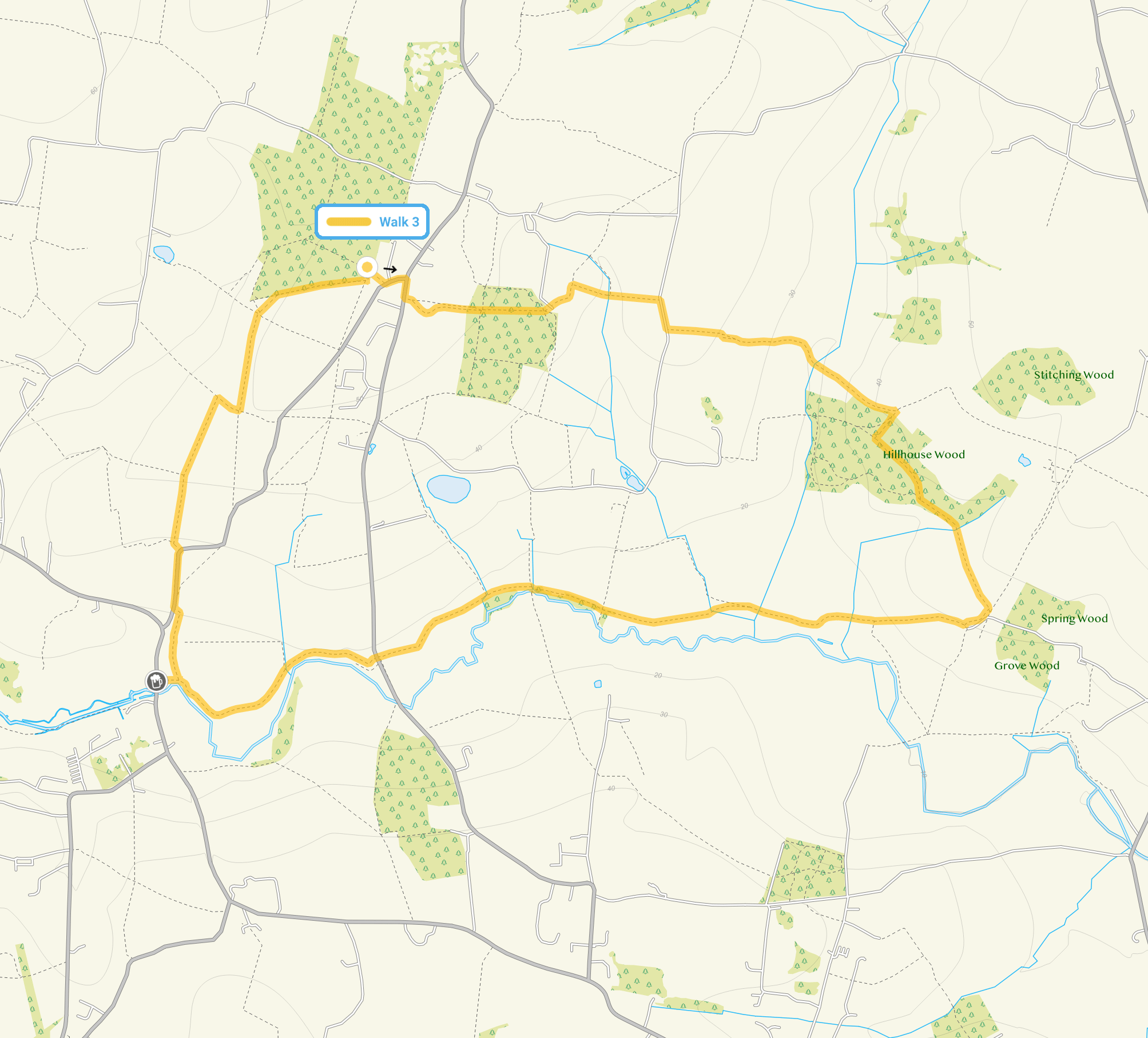 Route map for Fordham Walk 3, a 5.5 mile circular walk in Essex