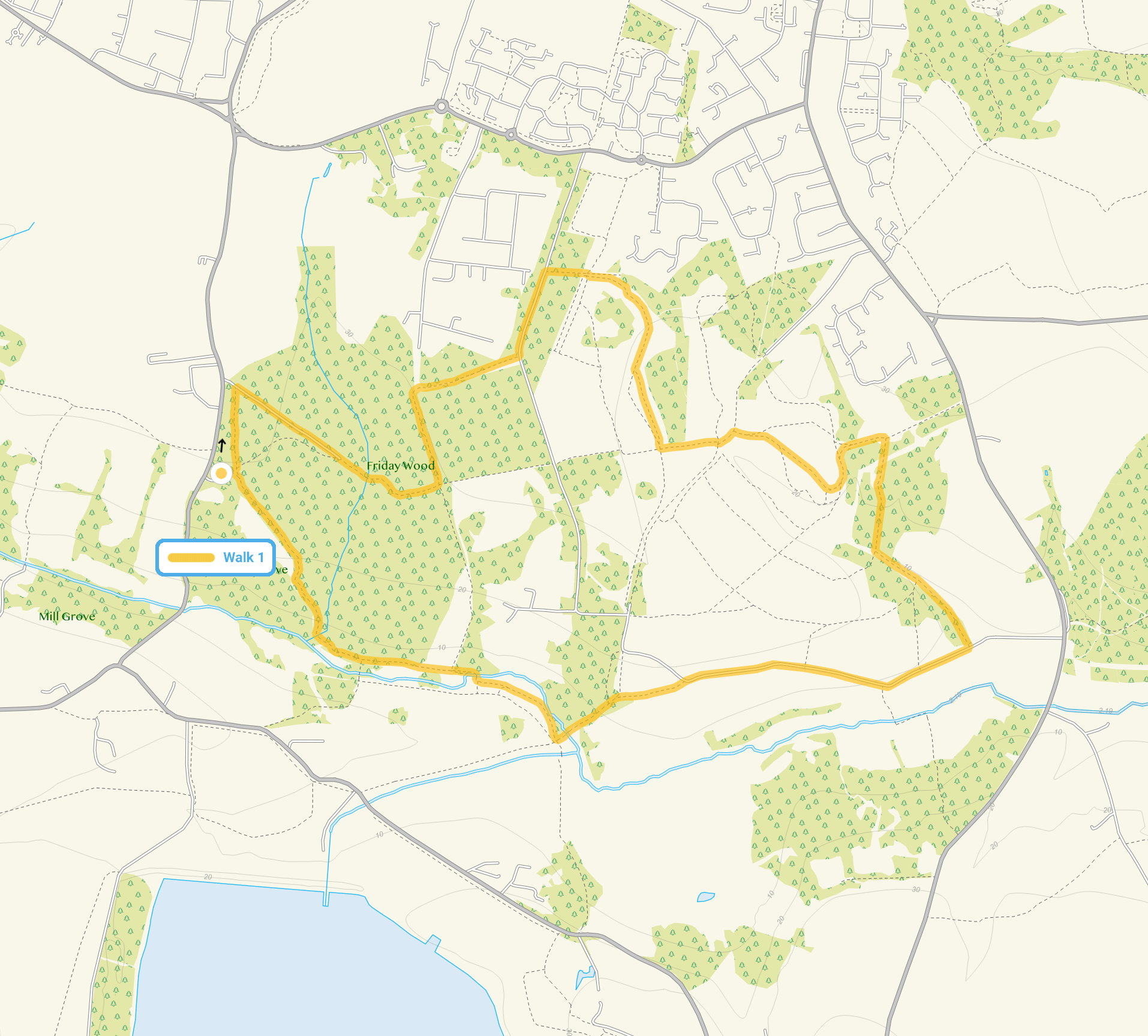 Route map for Friday Woods Walk, a 4.25 mile circular walk in Essex