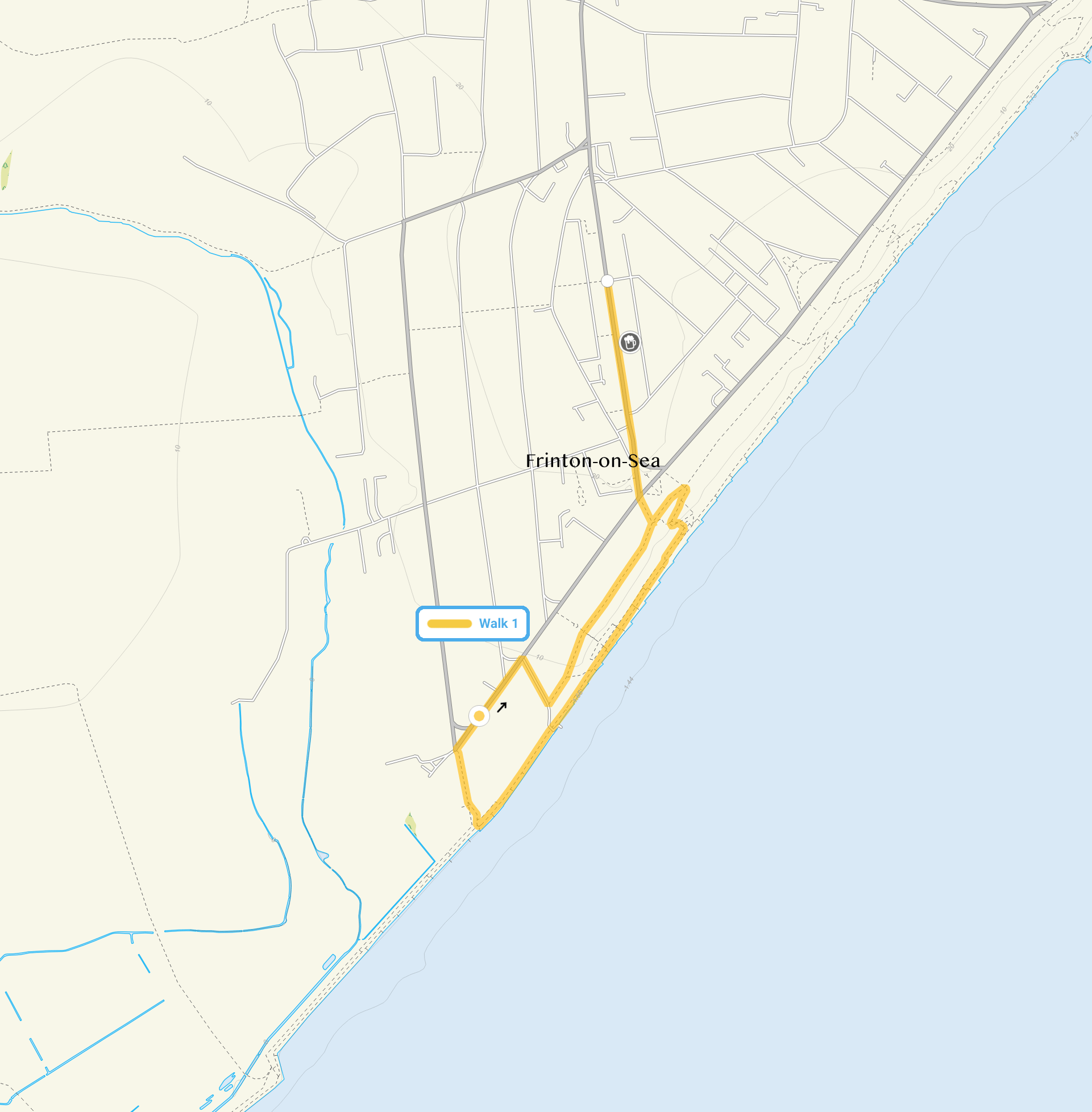 Route map for Frinton on Sea Walk 1, a 1.25 mile circular walk in Essex