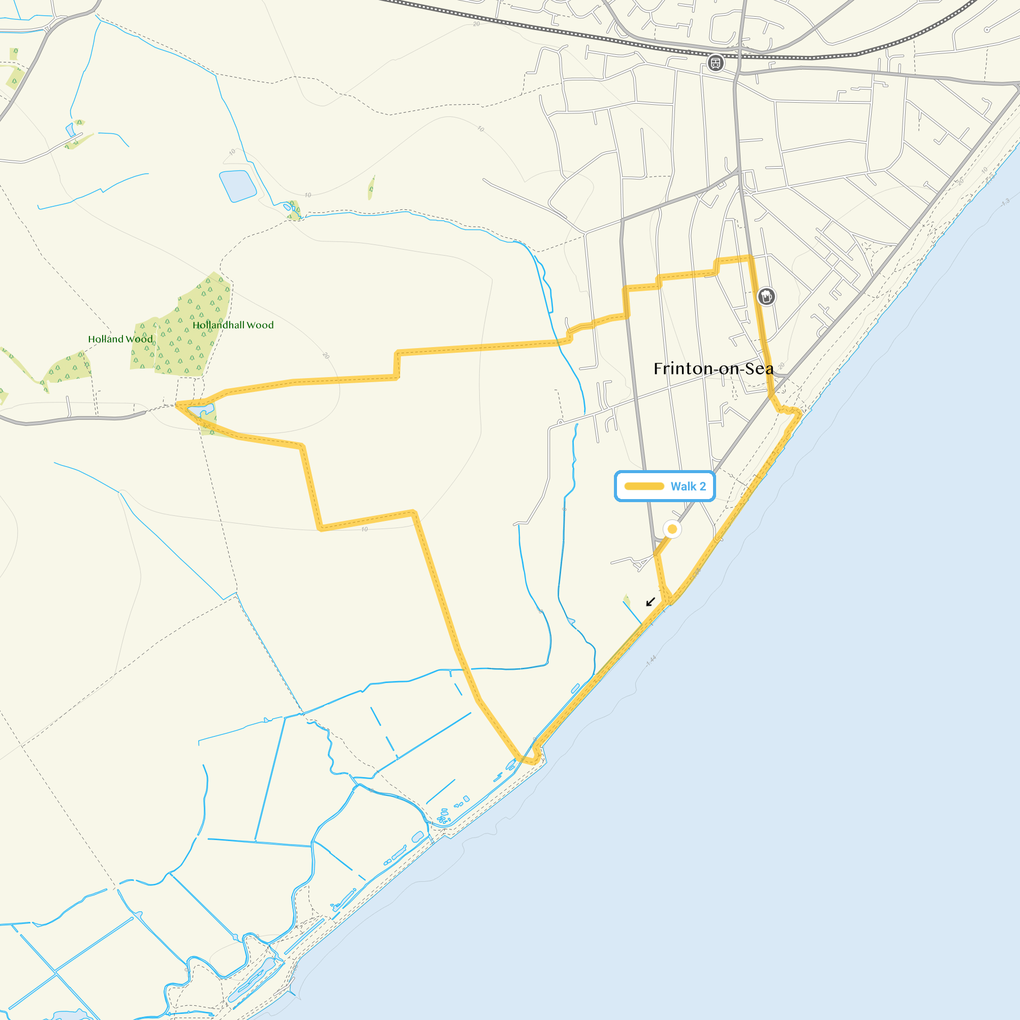 Route map for Frinton on Sea Walk 2, a 3.75 mile circular walk in Essex