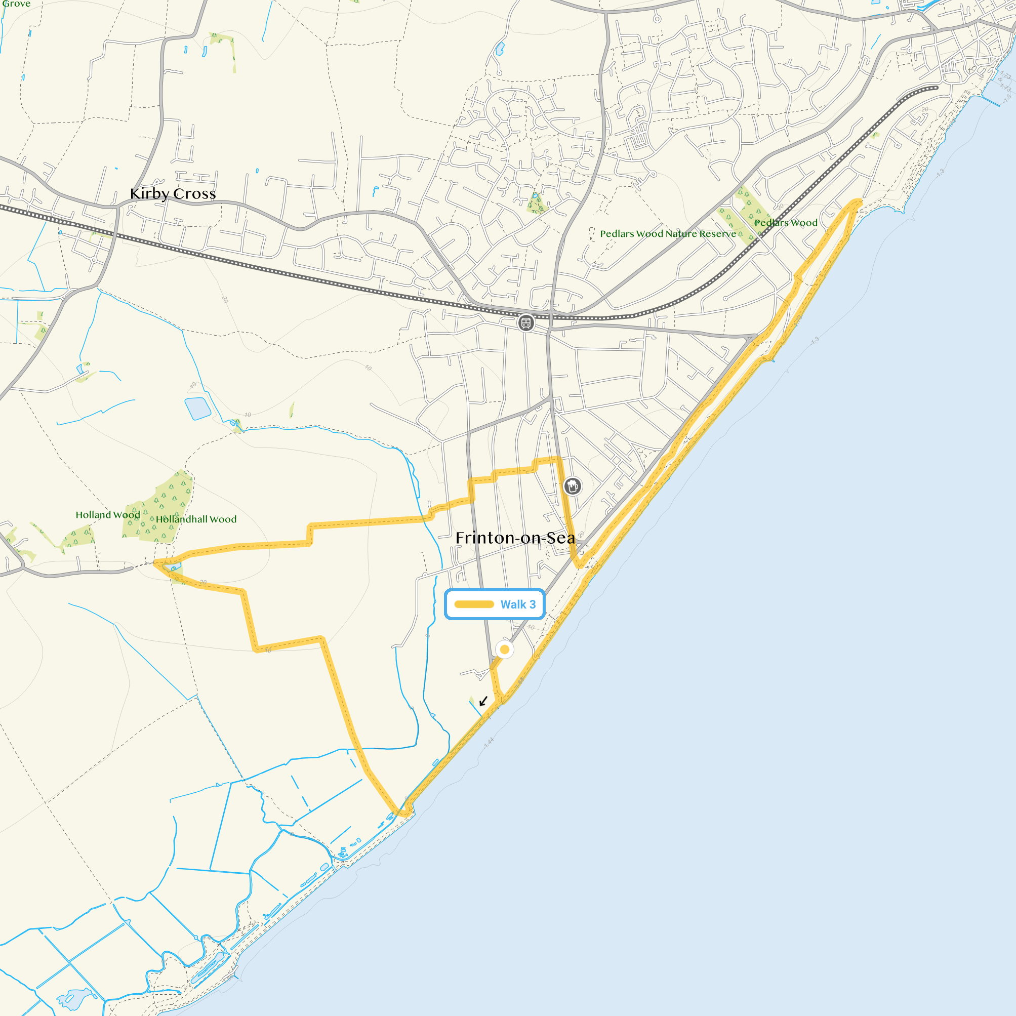 Route map for Frinton on Sea Walk 3, a 6 mile circular walk in Essex