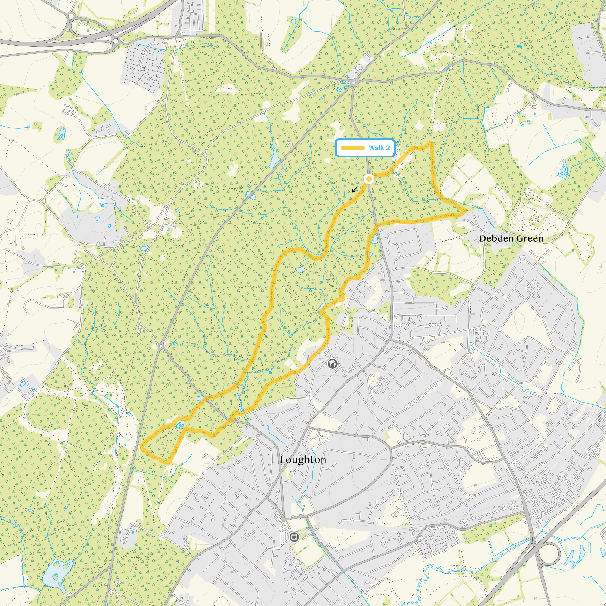 Route map for Goldings Hill Walk 2, a 5.5 mile circular walk in Essex