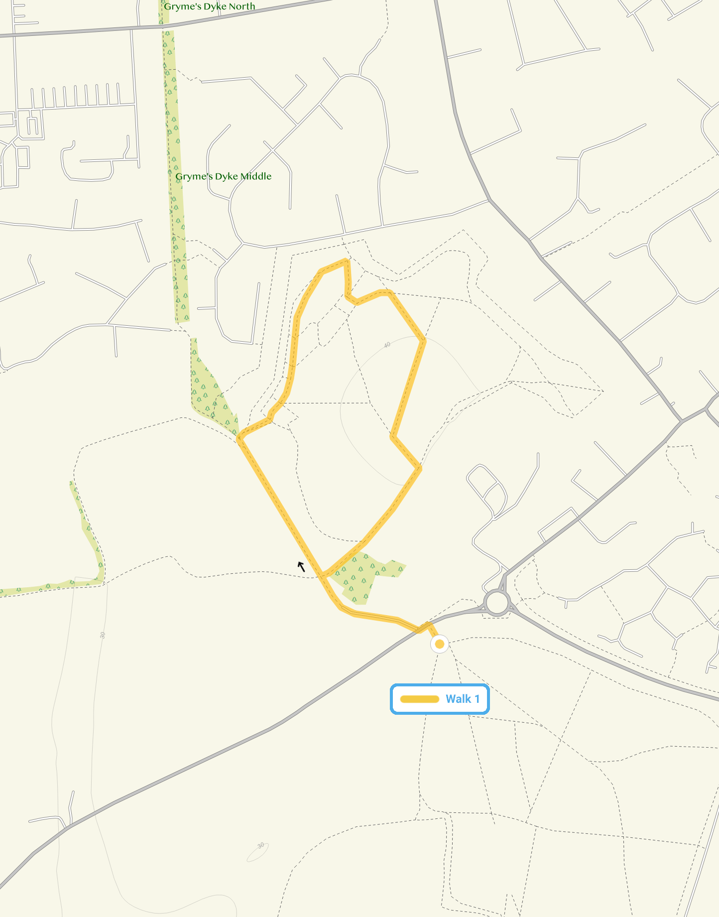 Route map for Gosbecks Park Walk 1, a 0.75 mile circular walk in Essex