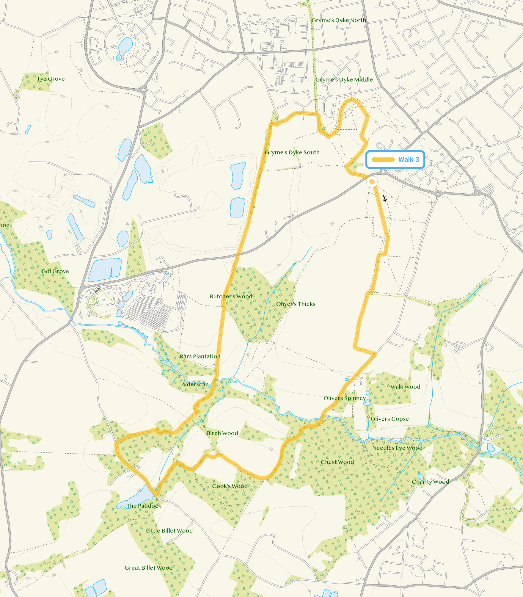 Route map for Gosbecks Park Walk 3, a 5.5 mile circular walk in Essex