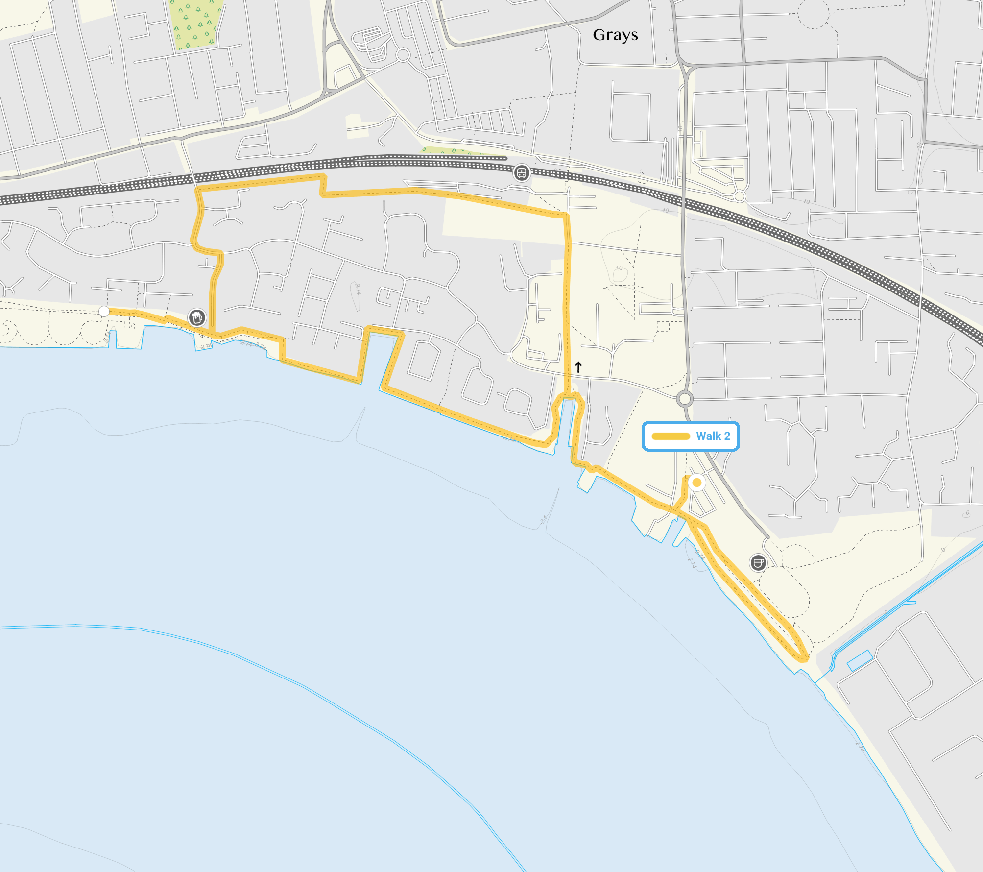 Route map for Grays Walk 2, a 2 mile circular walk in Essex