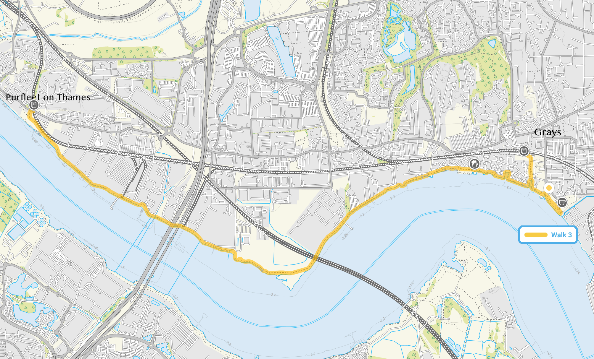 Route map for Grays Walk 3, a 5.75 mile circular walk in Essex