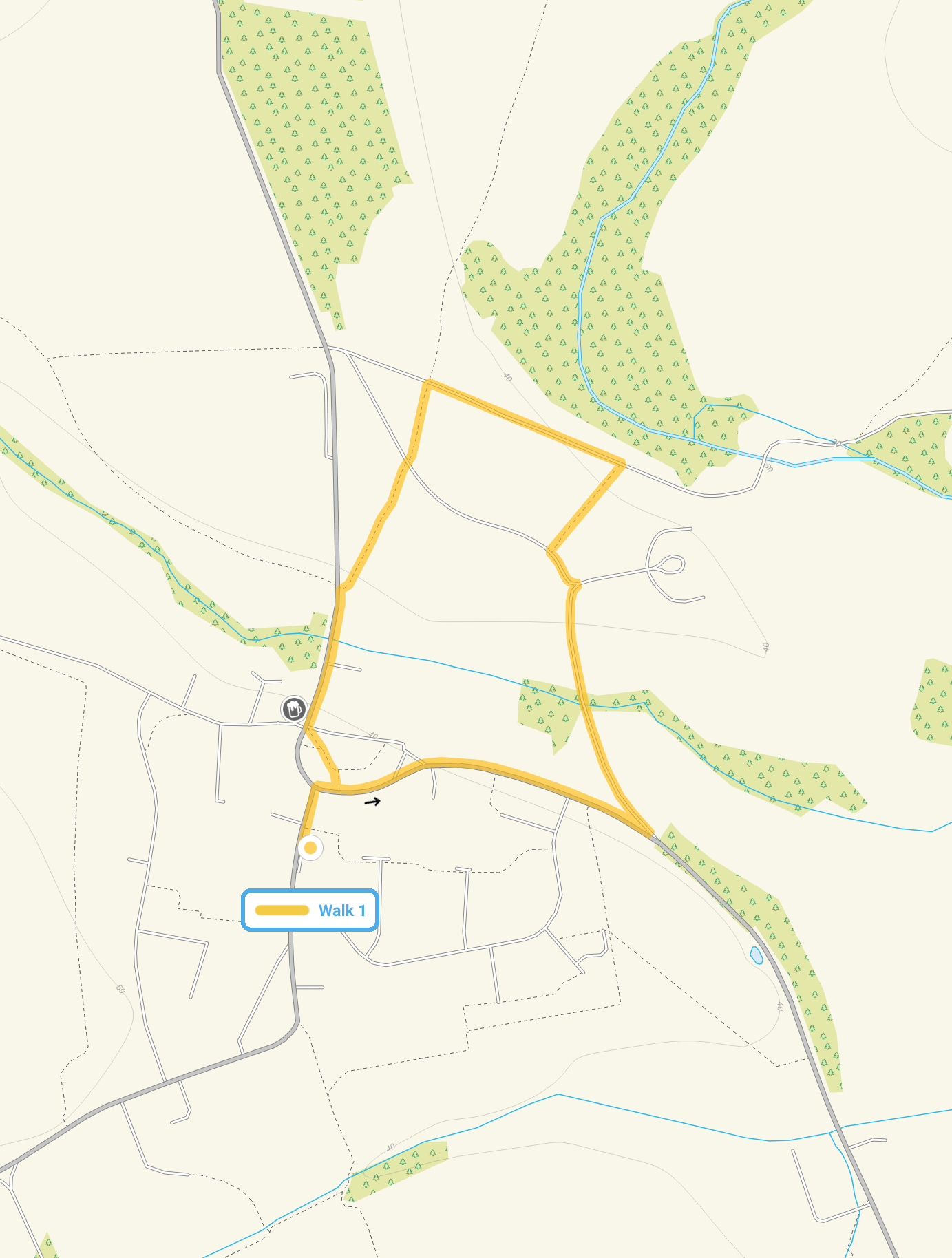 Route map for Great Waltham Walk 1, a 1 mile circular walk in Essex
