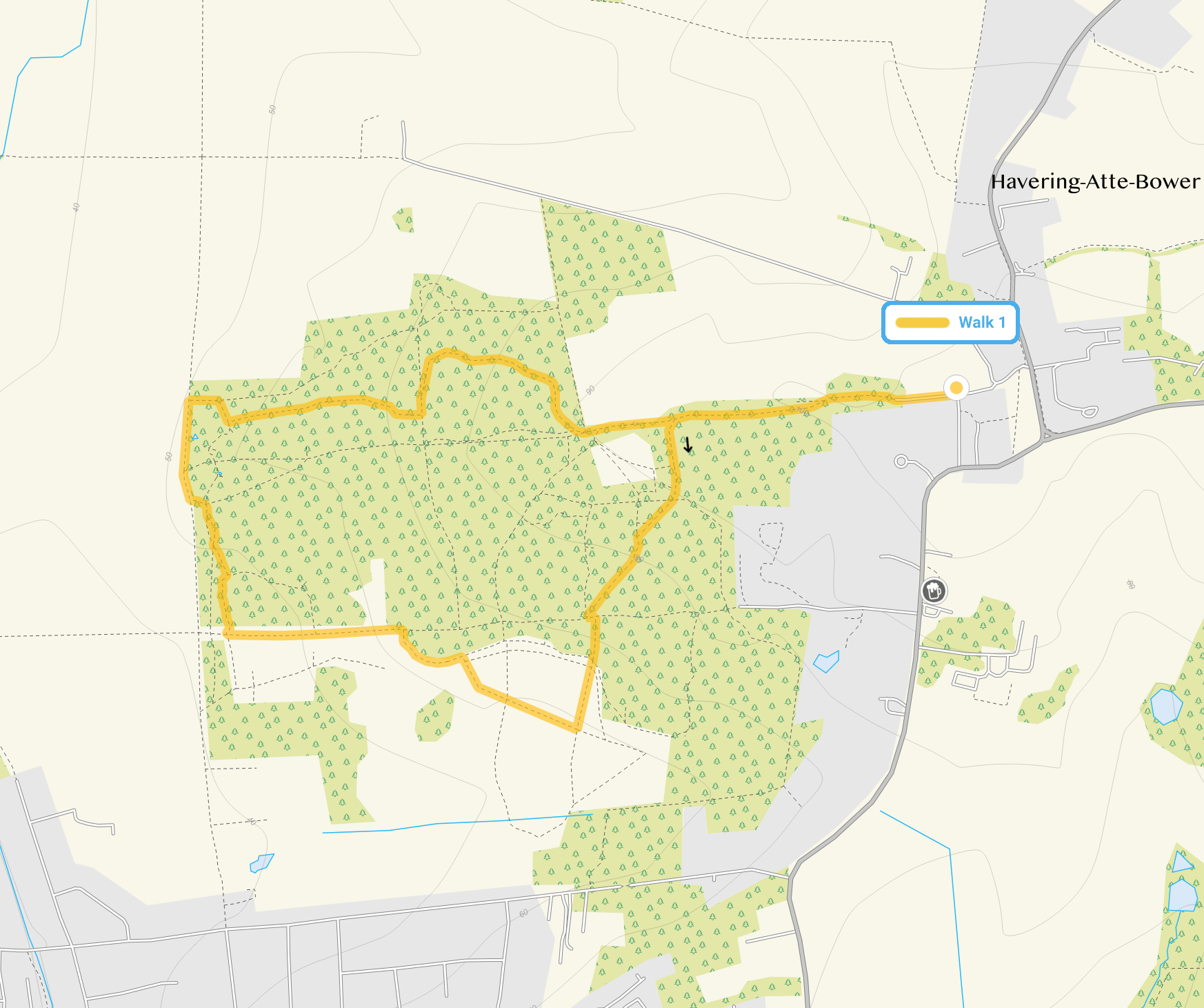 Route map for Havering Walk, a 2 mile circular walk in Essex