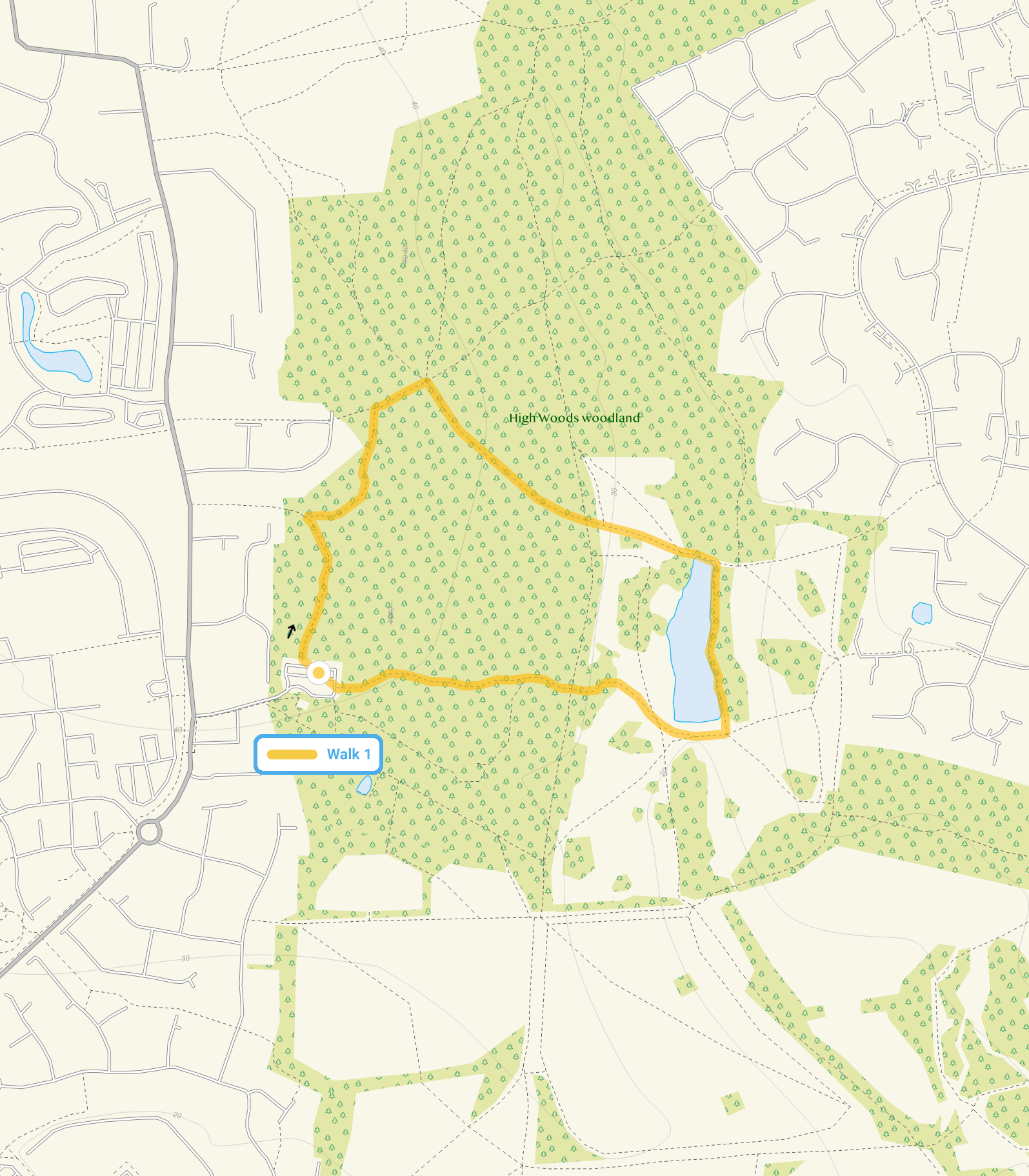 Route map for High Woods Walk 1, a 1 mile circular walk in Essex