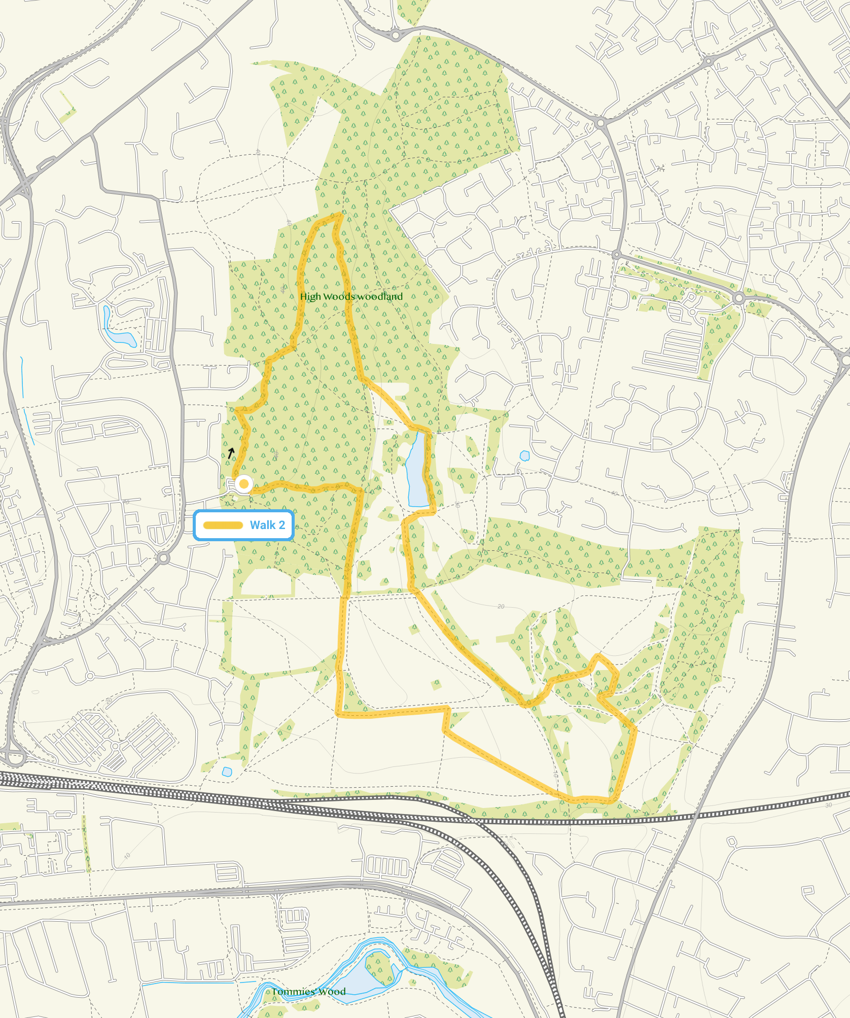 Route map for High Woods Walk 2, a 2.75 mile circular walk in Essex