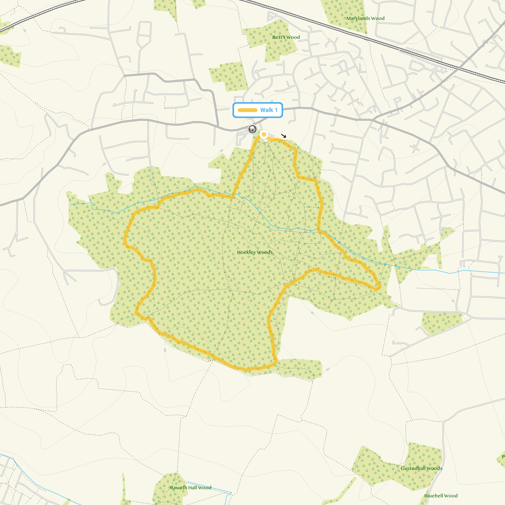 Route map for Hockley Woods Walk 2, a 2.75 mile circular walk in Essex