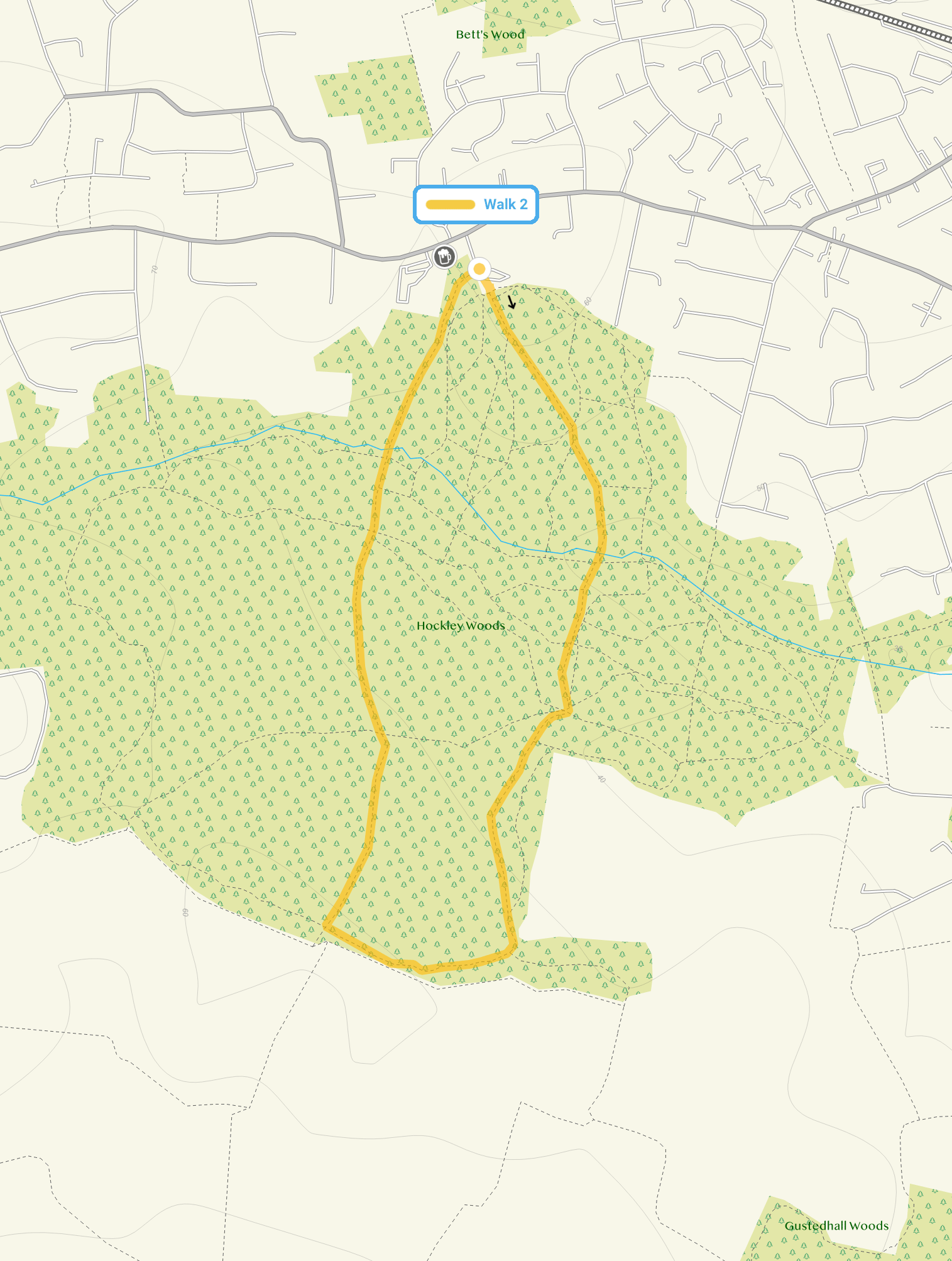 Route map for Hockley Woods Walk 1, a 1.75 mile circular walk in Essex