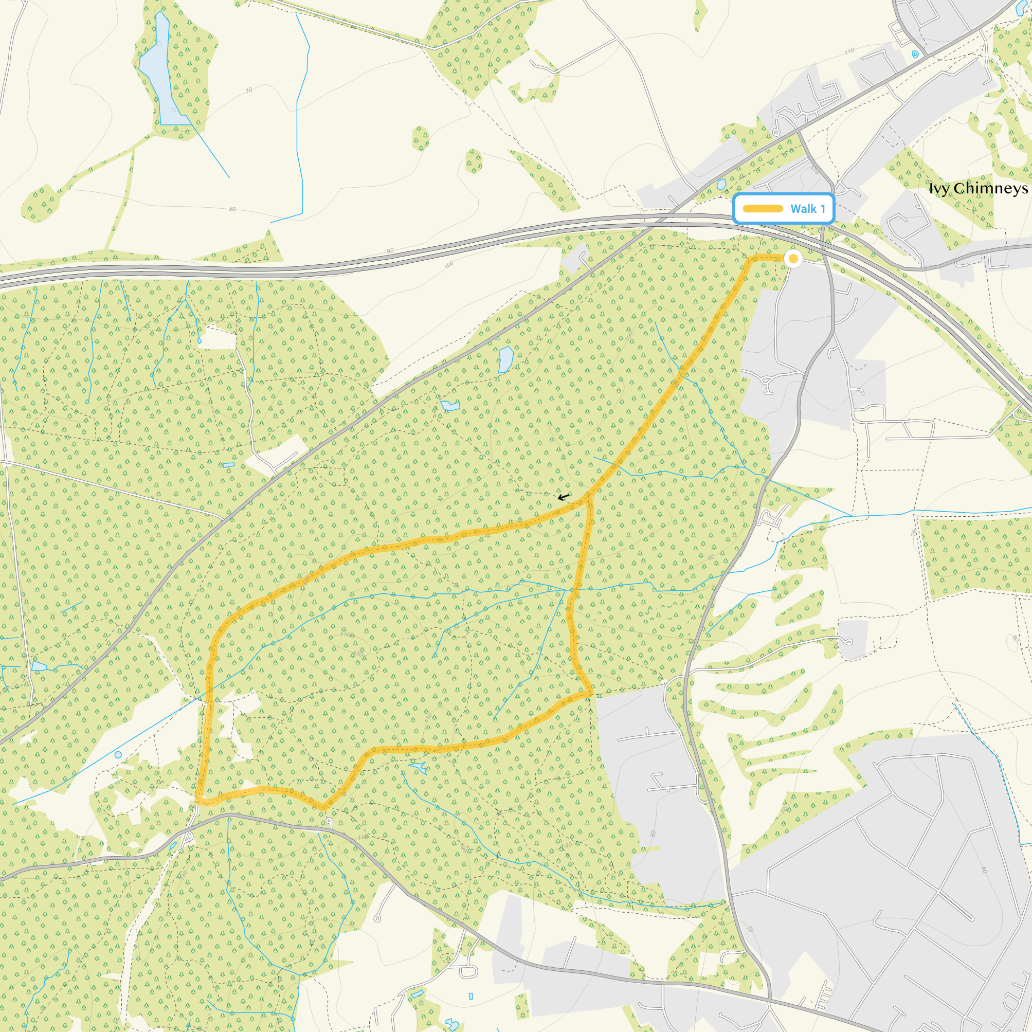 Route map for Ivy Chimneys Walk 1, a 2.75 mile circular walk in Essex