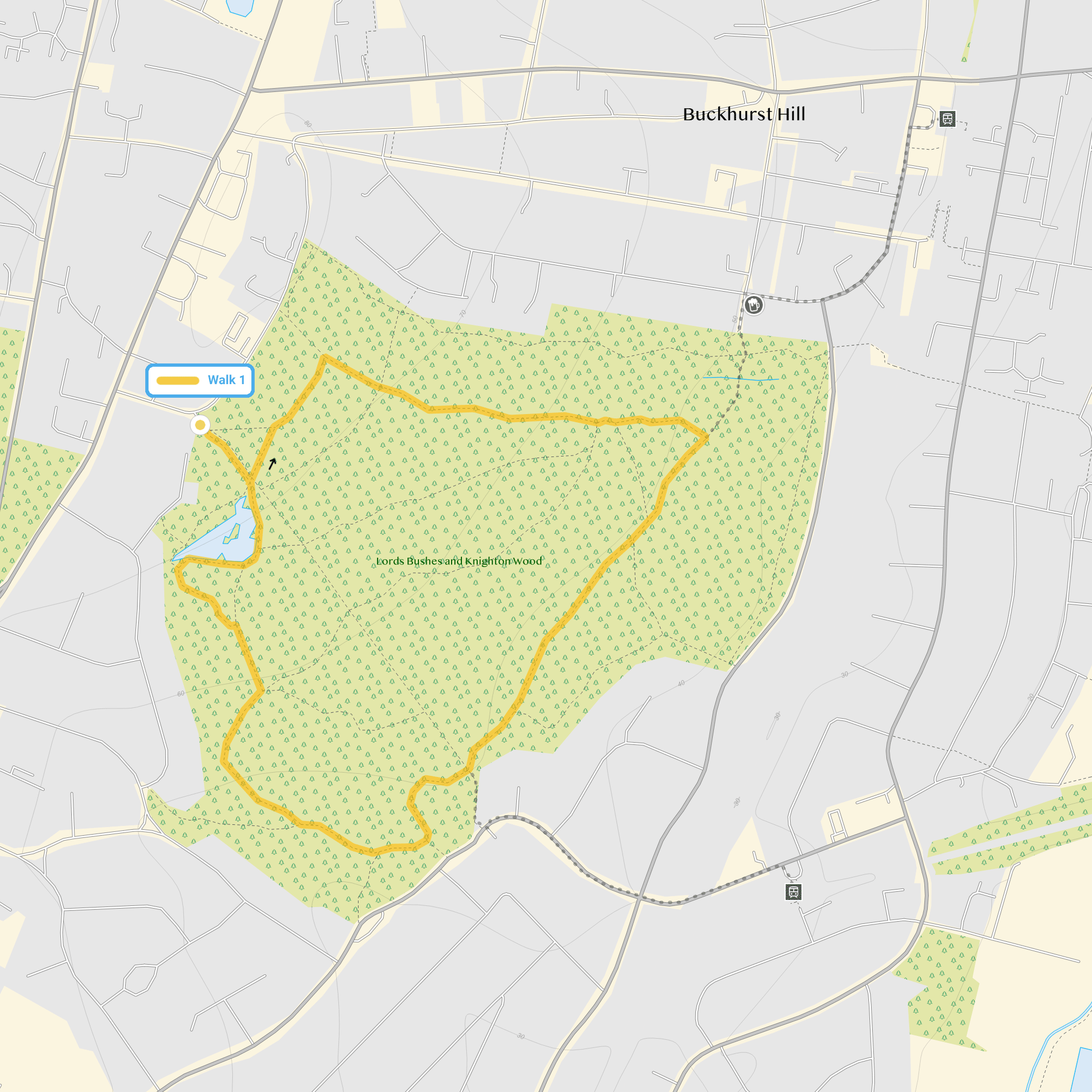 Route map for Knighton Wood Walk, a 1.5 mile circular walk in Essex
